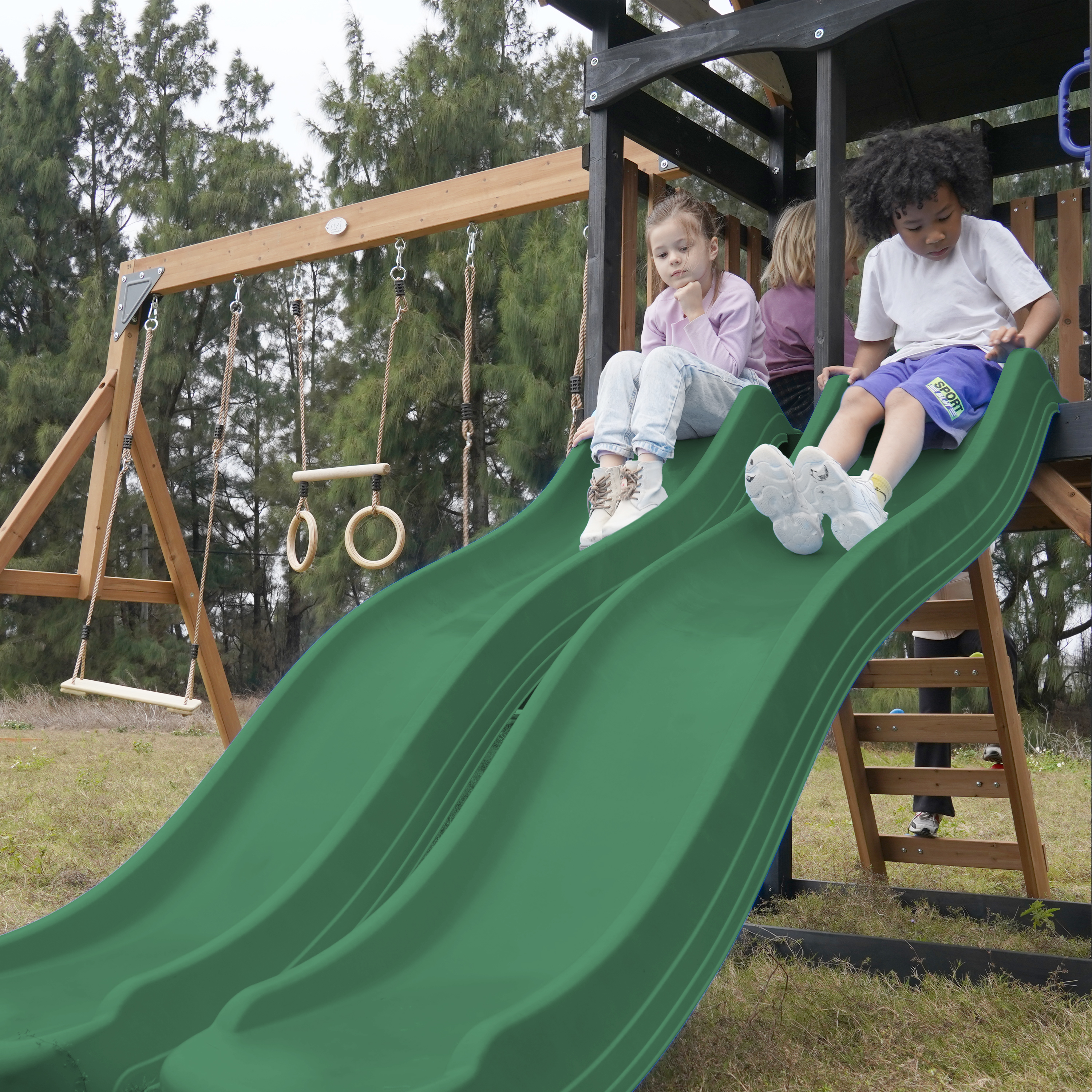 AXI Cody Climbing Frame with Swings, Trapeze and Climbing Wall – Green Double Slide and Tube Slide