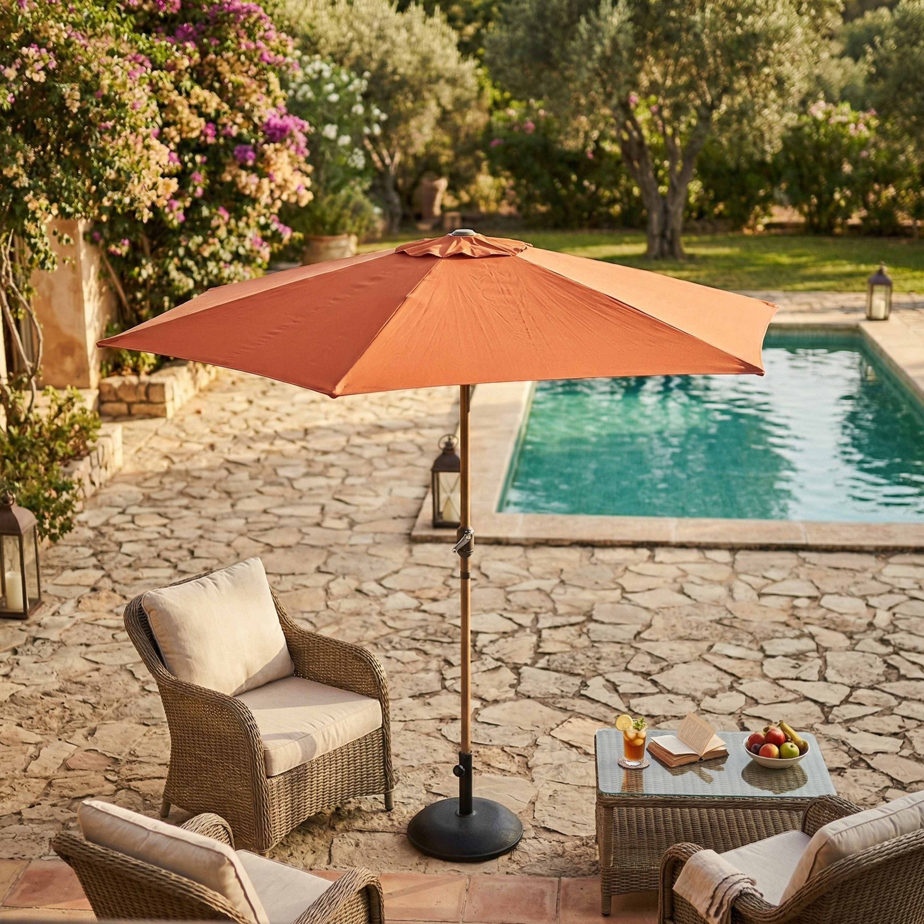 AXI Noor Centre Pole Parasol Ø 300cm Oak-look/Terracotta