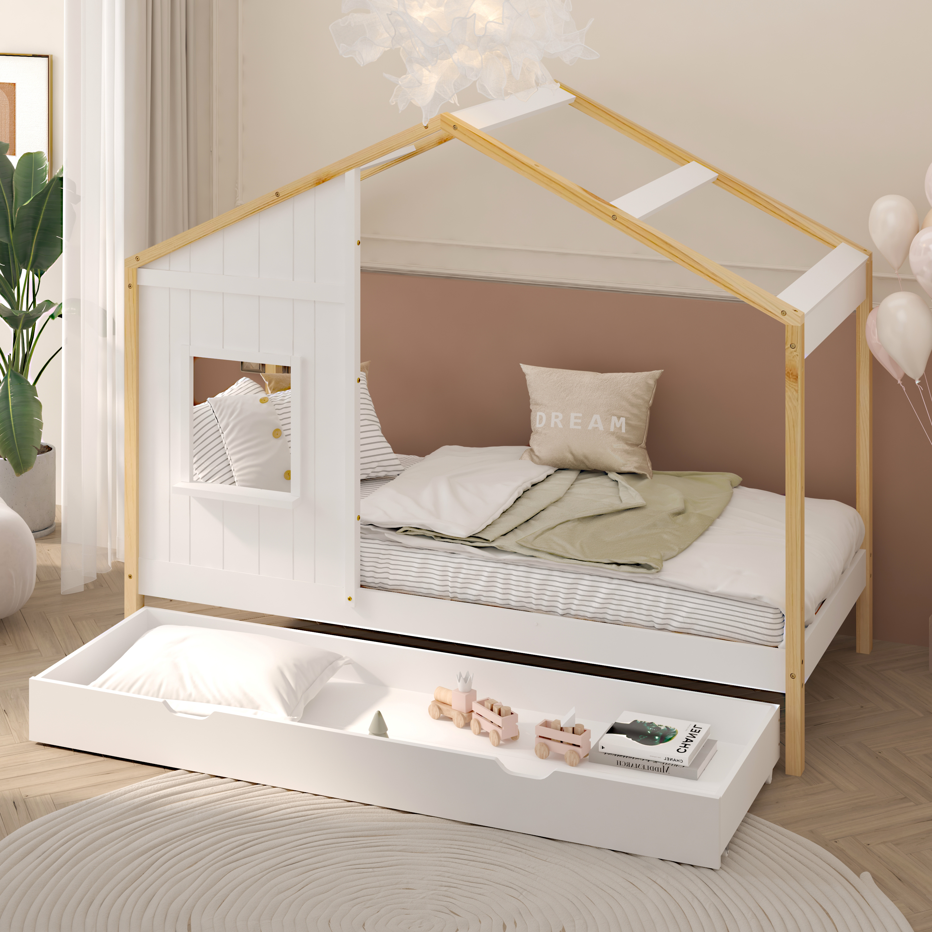 Sunny Beau House Bed with Storage Drawer Brown/White – Without Mattress