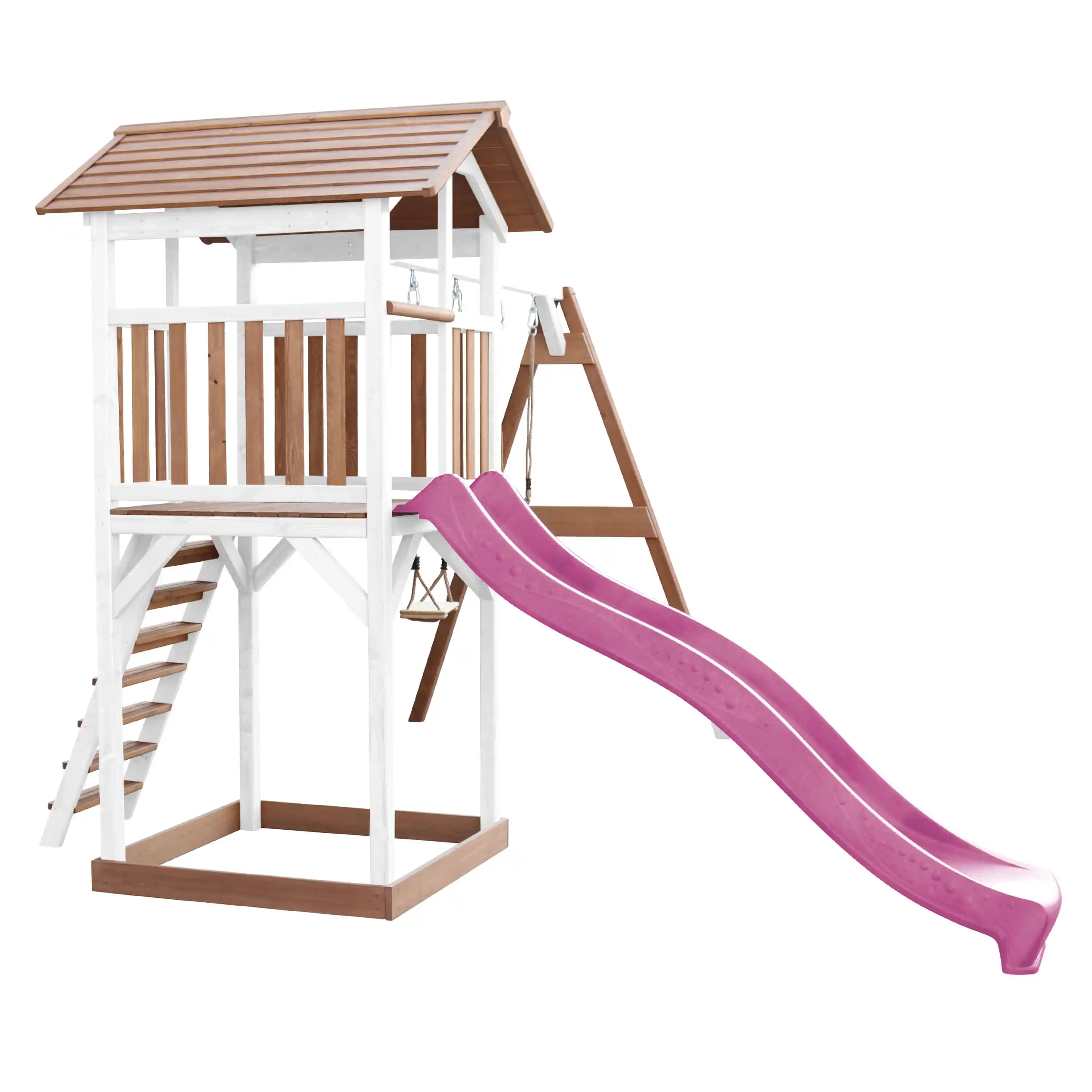 AXI Beach Tower Speeltoren met Dubbele Schommel Bruin/wit - Paarse Glijbaan