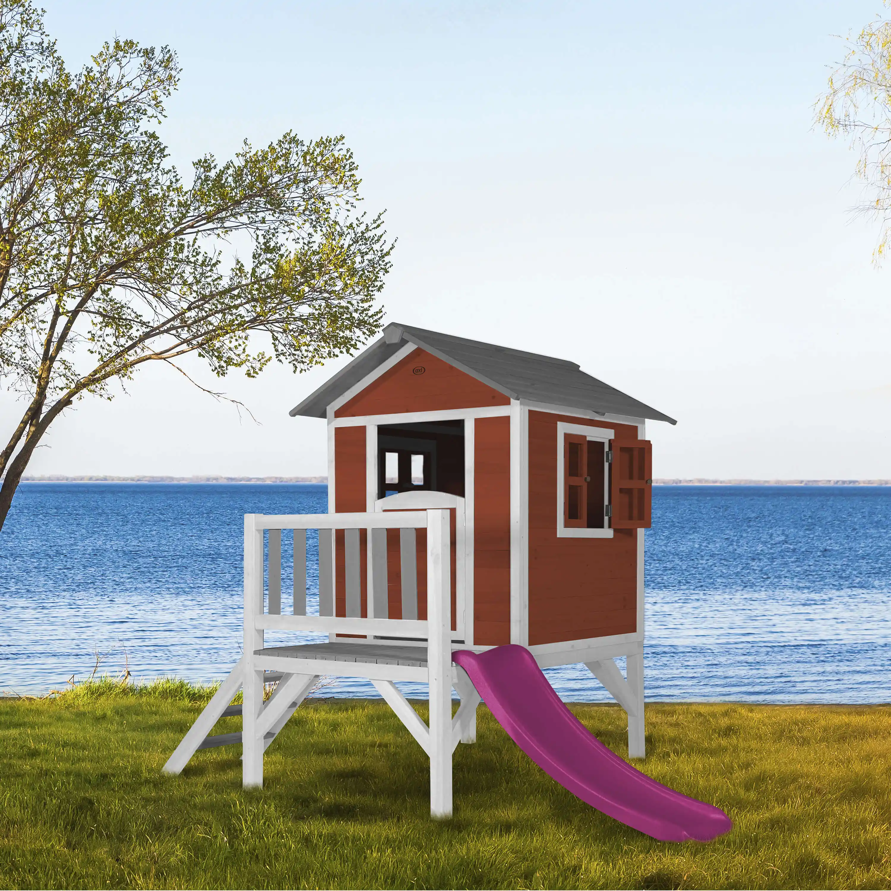 AXI Lodge XL Speelhuis Scandinavisch Rood - Paarse Glijbaan