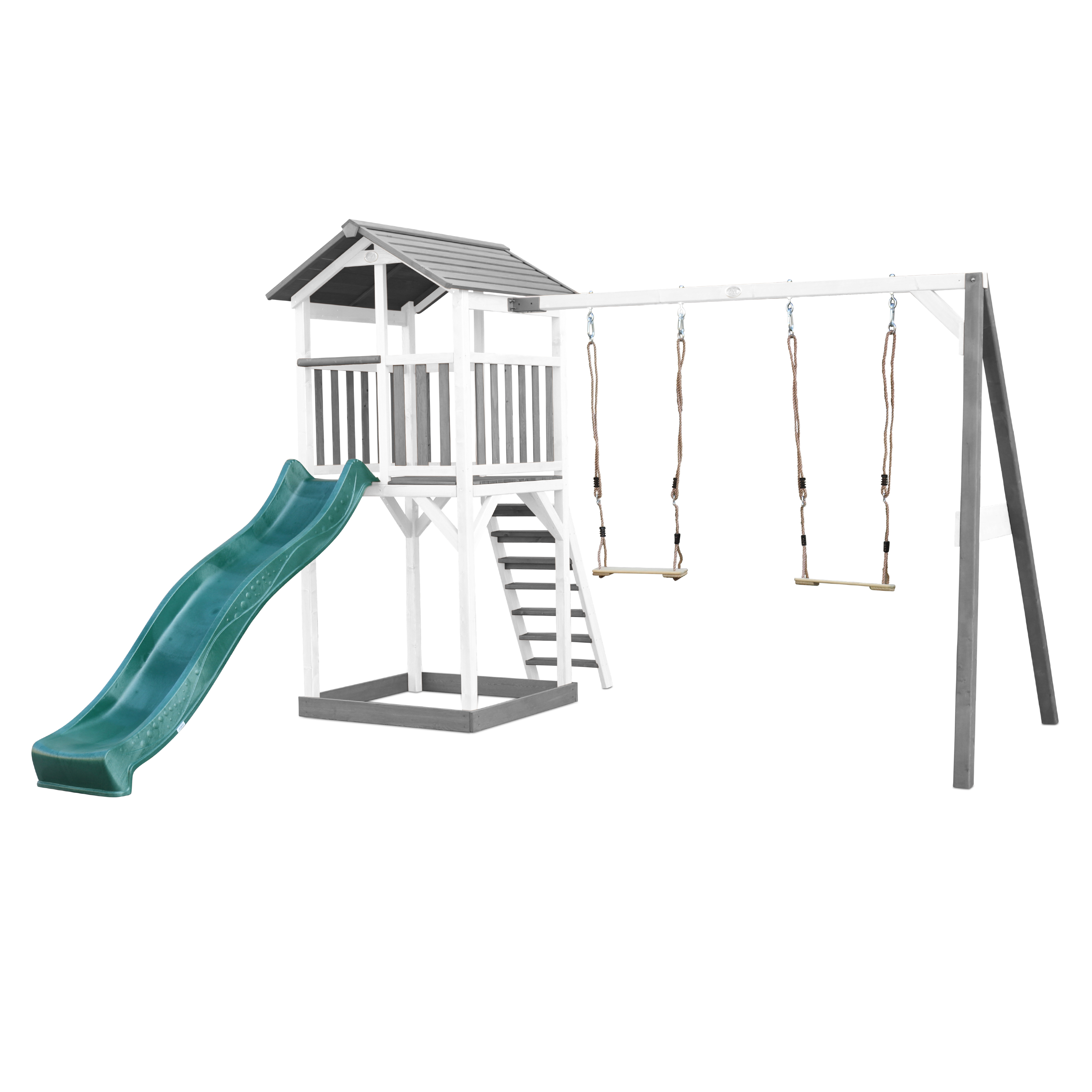 AXI Beach Tower with Double Swing Set Grey/White - Green Slide-8720365060045 AXI Beach Tower with Double Swing Set Grey/White - Green Slide