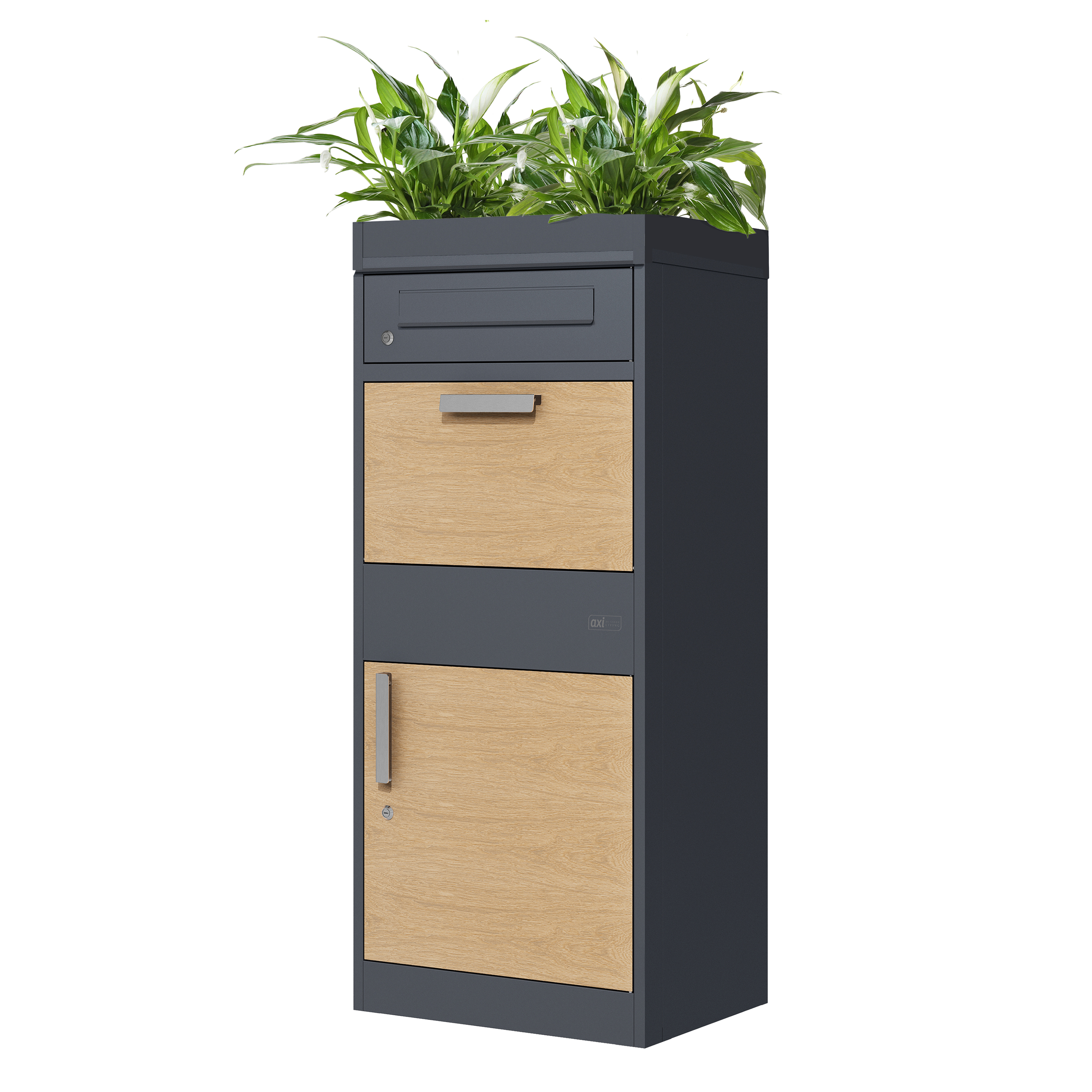 AXI Levi Metal Parcel Mailbox in Anthracite/Wood Look with Planter