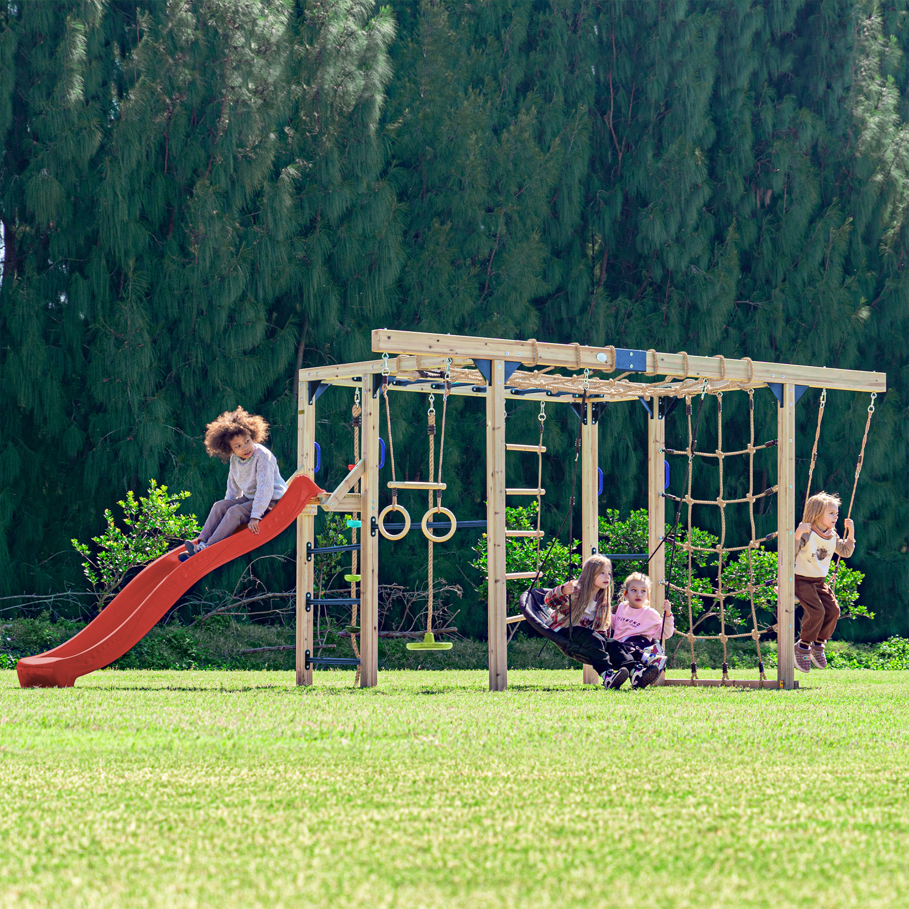 AXI Boris Wooden Playcentre with Swings. Trapeze. Climbing Nets and Monkey Bars – Red Slide