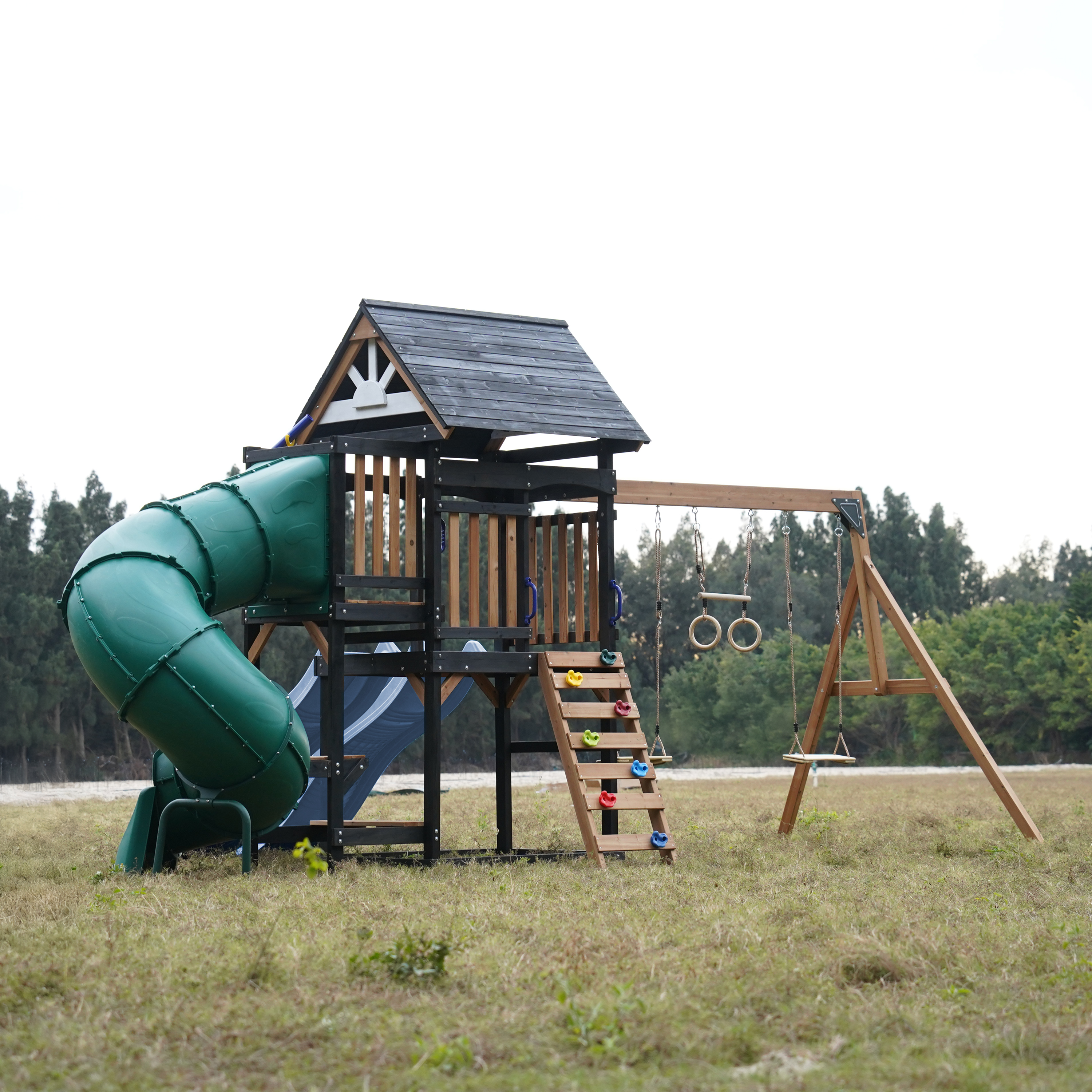 AXI Cody Climbing Frame with Swings, Trapeze and Climbing Wall – Pastel Blue Double Slide and Tube Slide