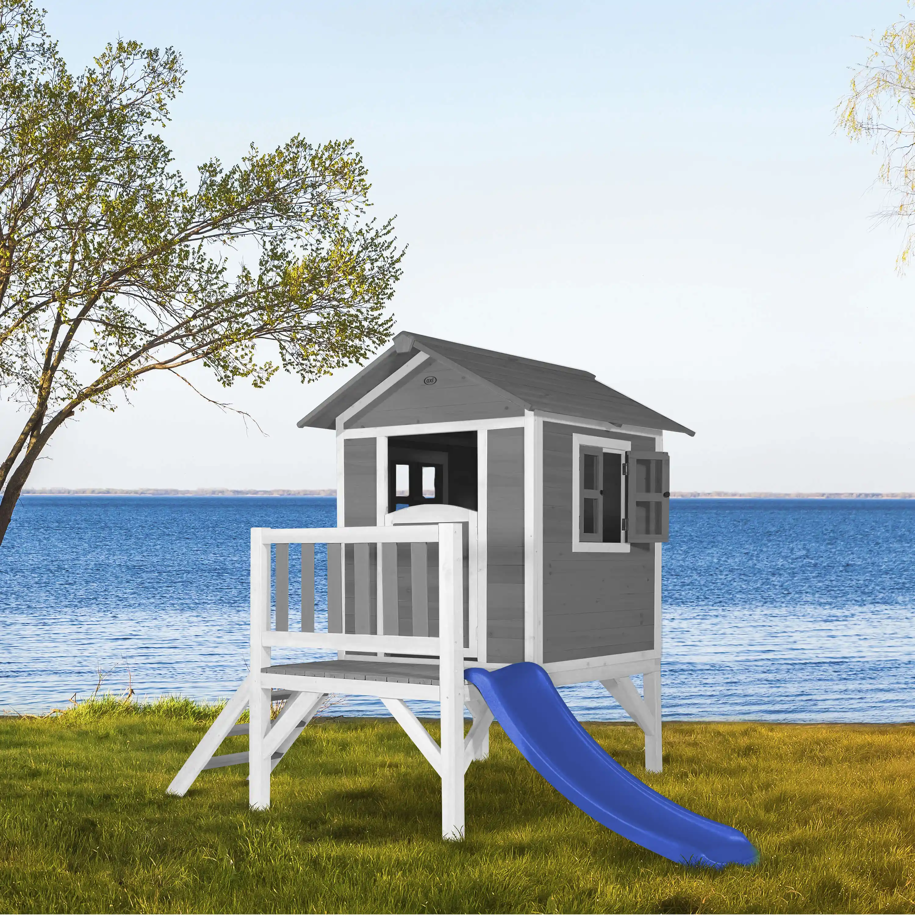 AXI Lodge XL Speelhuis Cool Grijs - Blauwe Glijbaan