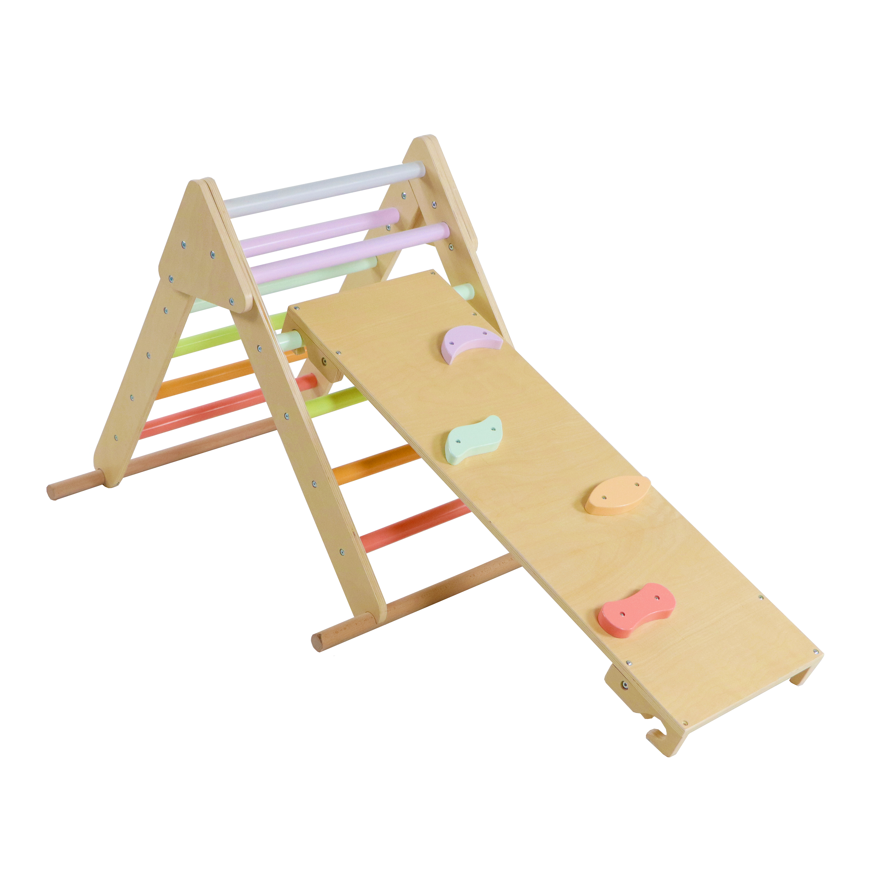 Sunny Charlie 3-in-1 Houten Klimdriehoek met Klimwand en Rocker - Pastel