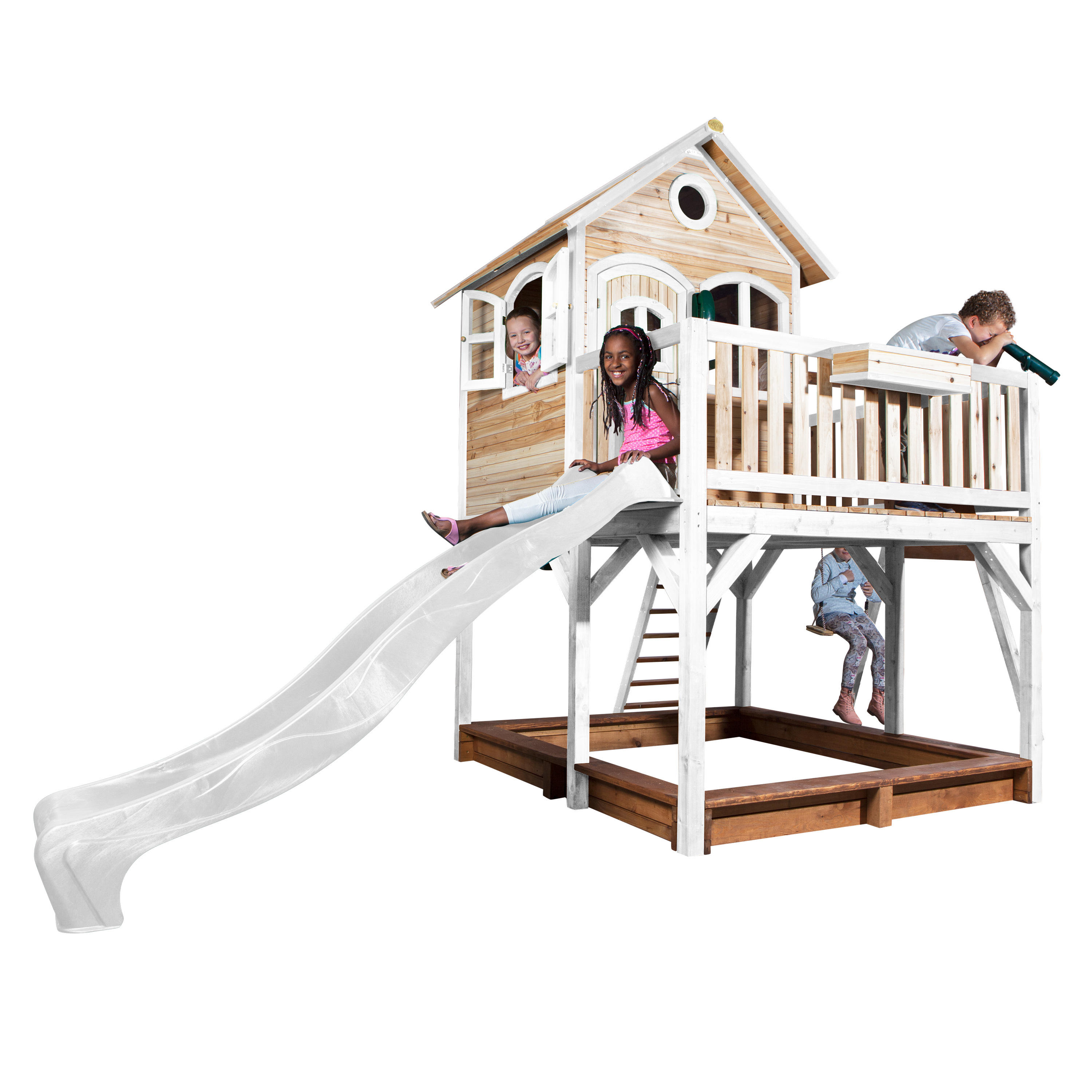 AXI Liam Playhouse with Double Swing Set Brown/White - White Slide-8717973933540 AXI Liam Playhouse with Double Swing Set Brown/White - White Slide