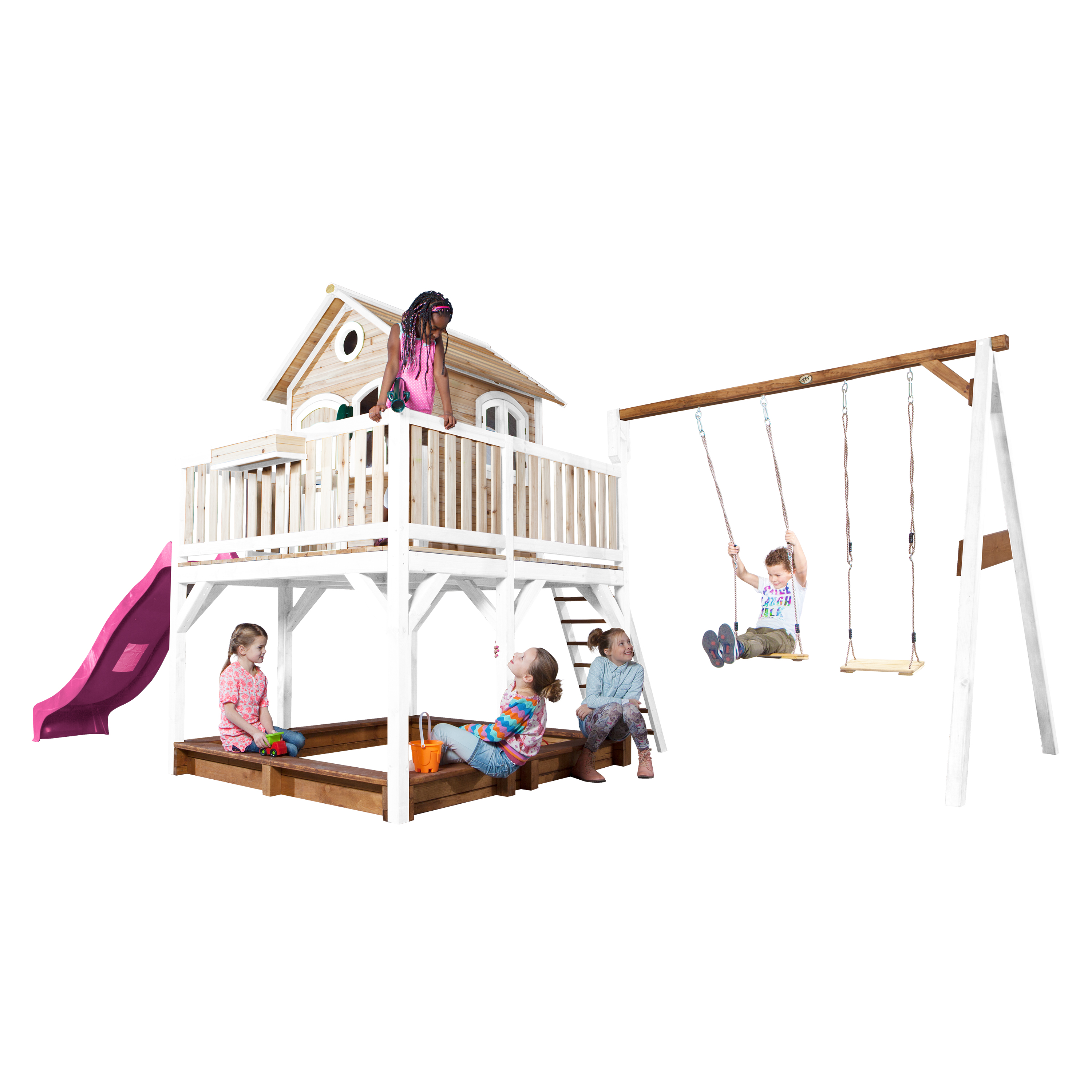 AXI Liam Playhouse with Double Swing Set Brown/White - Purple Slide