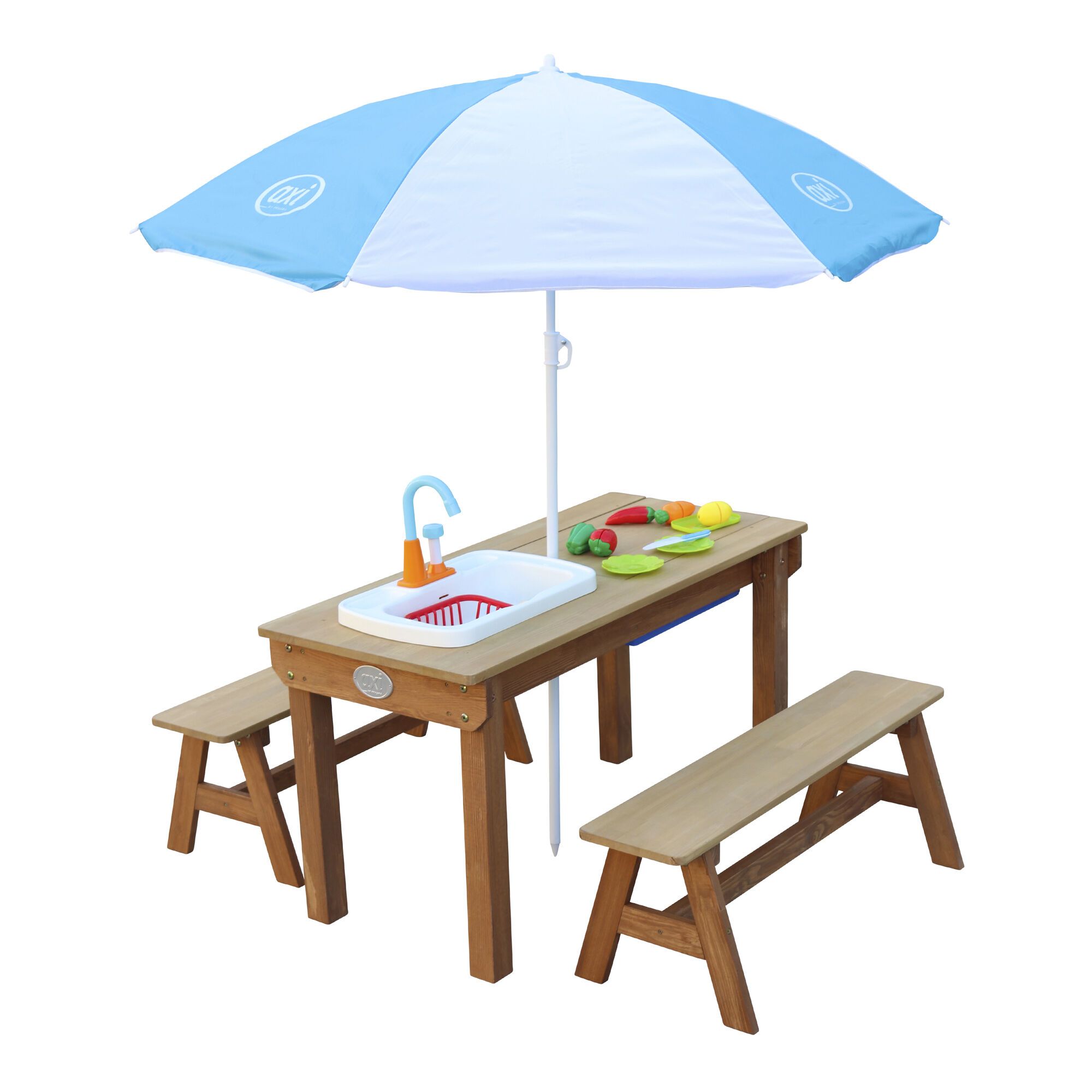 AXI Dennis Zand & Water Picknicktafel met Speelkeuken wastafel en losse bankjes Bruin - Parasol Blauw/wit