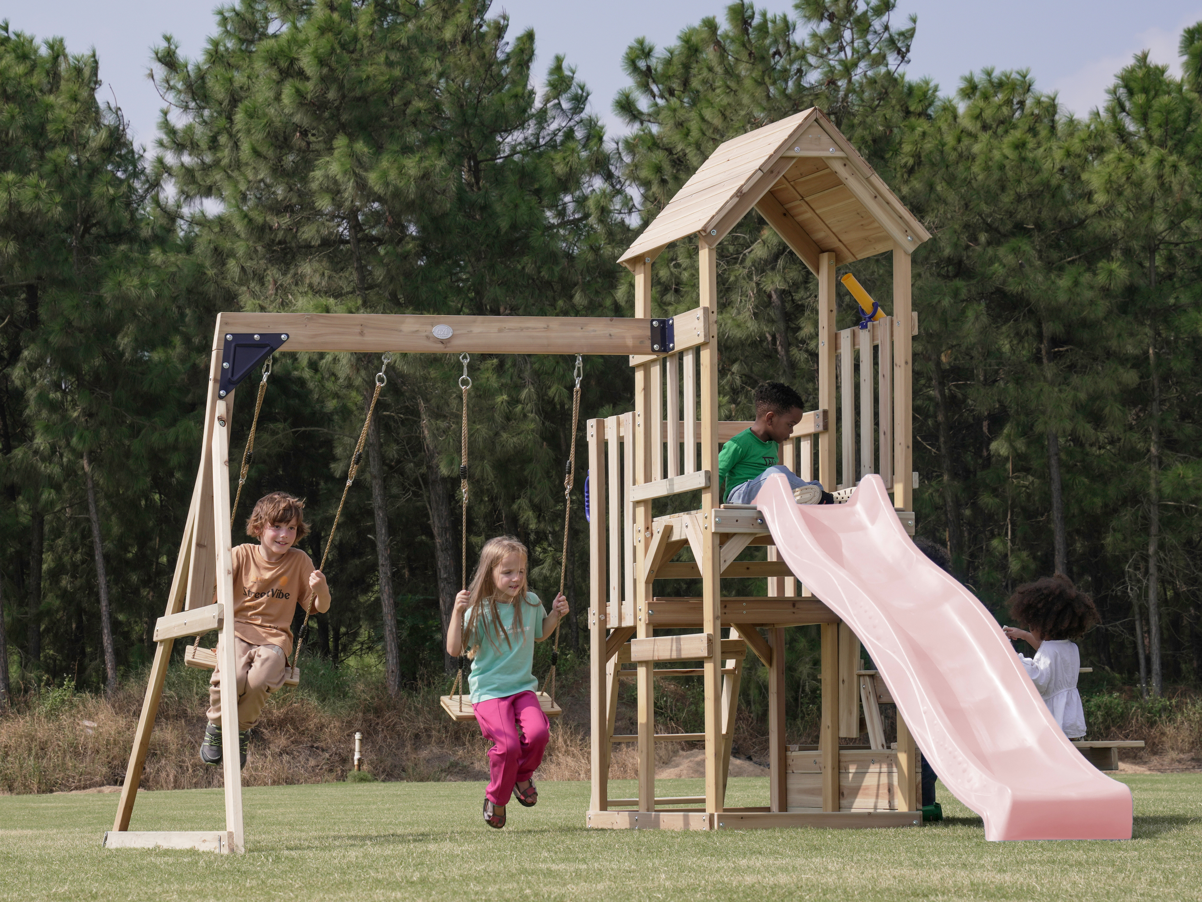 AXI Mette Climbing Frame with Double Swing Set and Picnic Table - Pastel Pink Slide
