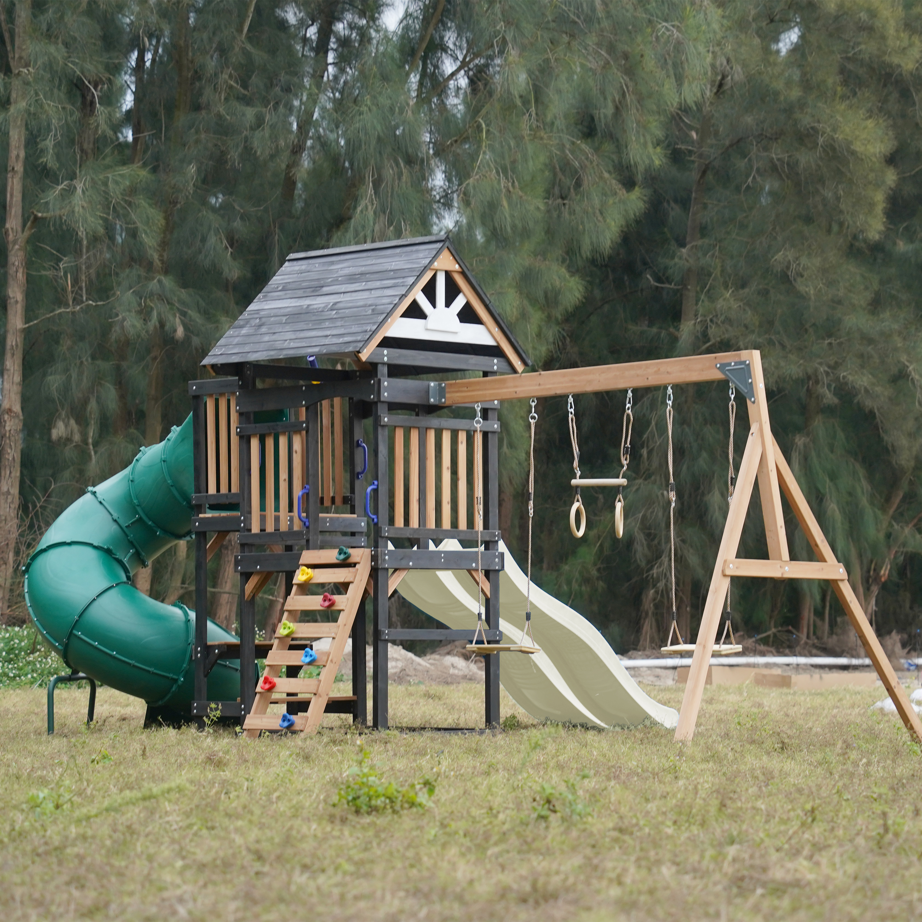 AXI Cody Climbing Frame with Swings. Trapeze and Climbing Wall – Cream Double Slide and Tube Slide
