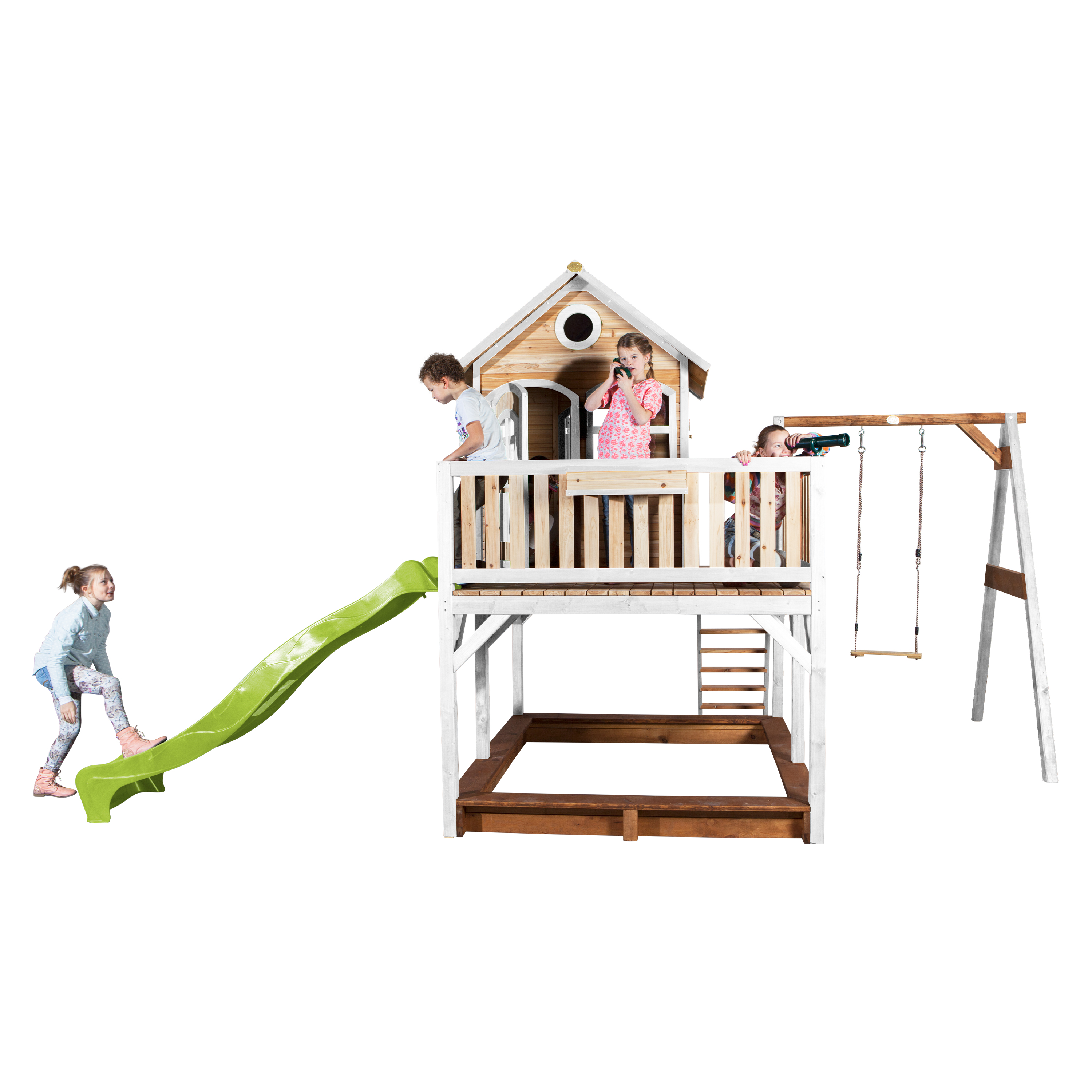 AXI Liam Playhouse with Single Swing Set Brown/White - Lime Green Slide