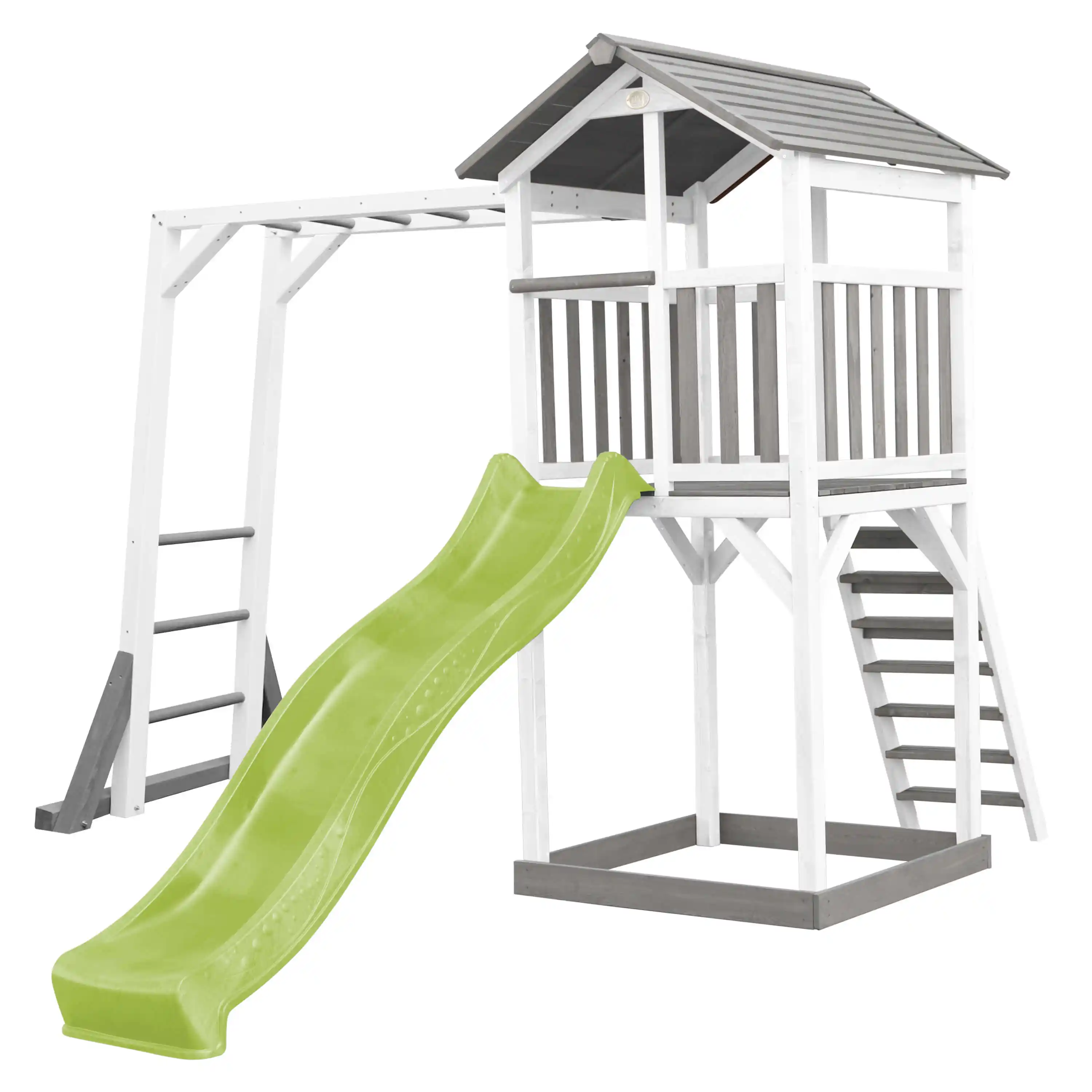 AXI Beach Tower Speeltoren met Klimrek Grijs/wit - Limoen groene glijbaan