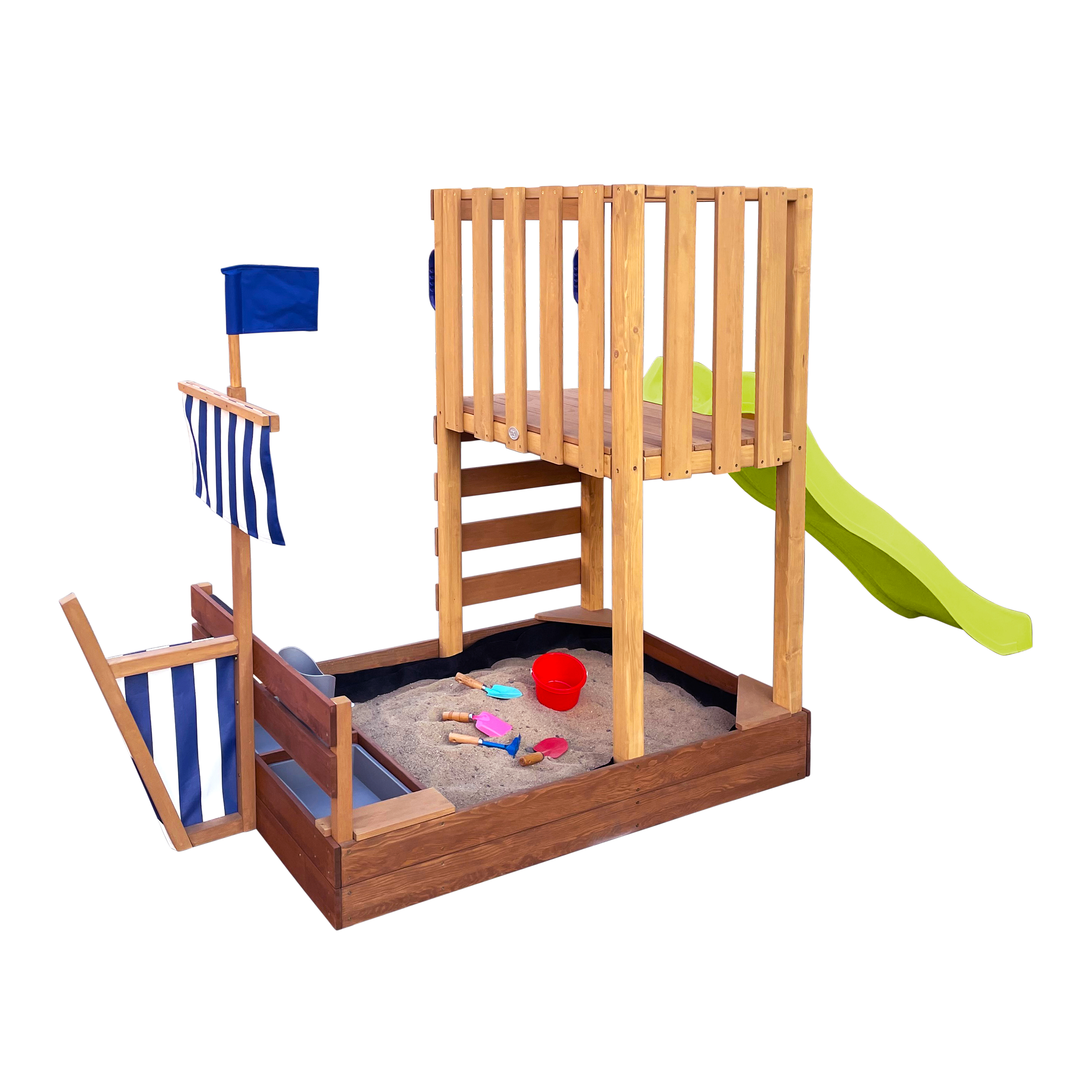 AXI Vicky Climbing Frame with Sandbox. Play Kitchen & Chalkboard – Lime Green Slide