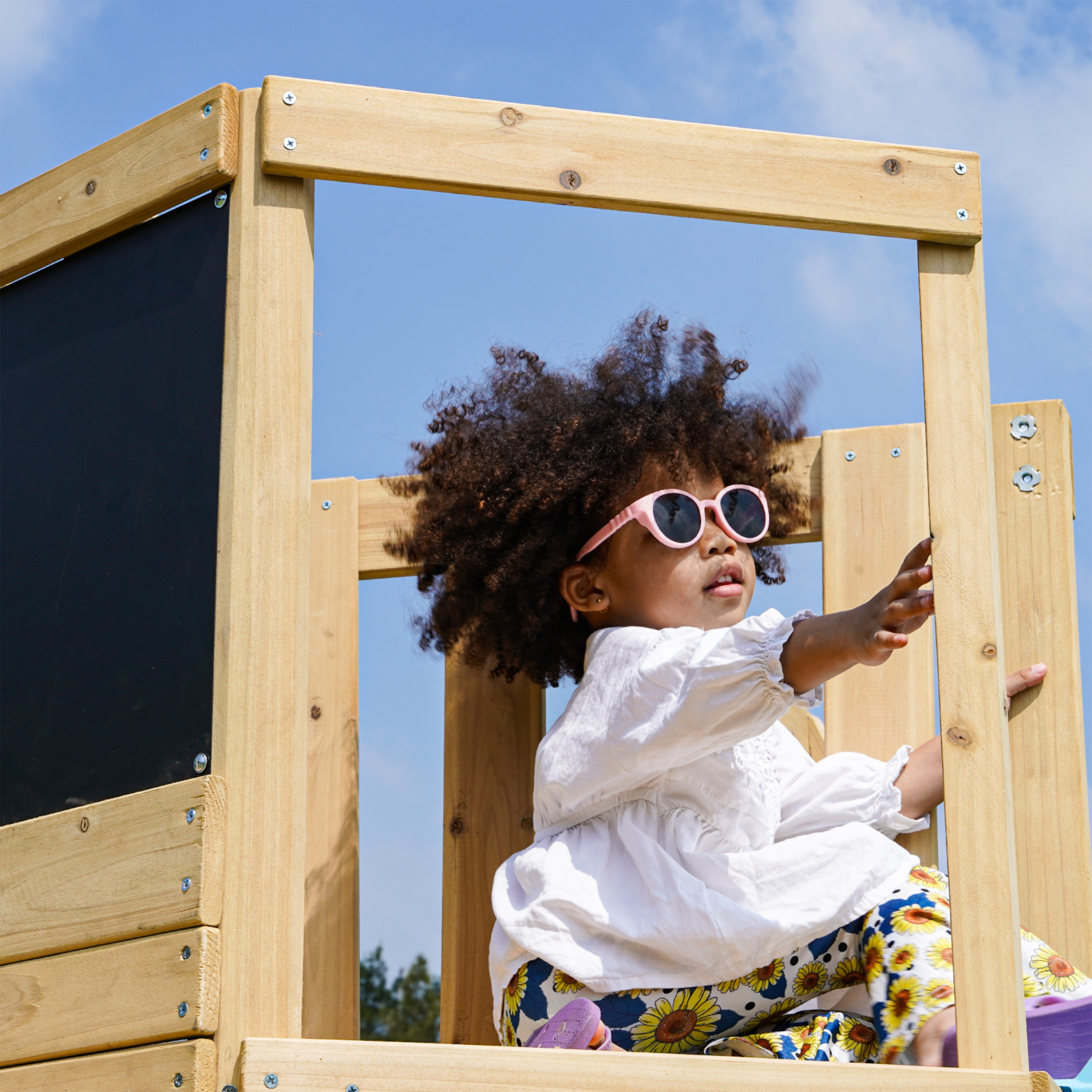 AXI Timo Mini Climbing Frame with Baby Swing, Climbing Wall and Chalkboard – Blue Slide