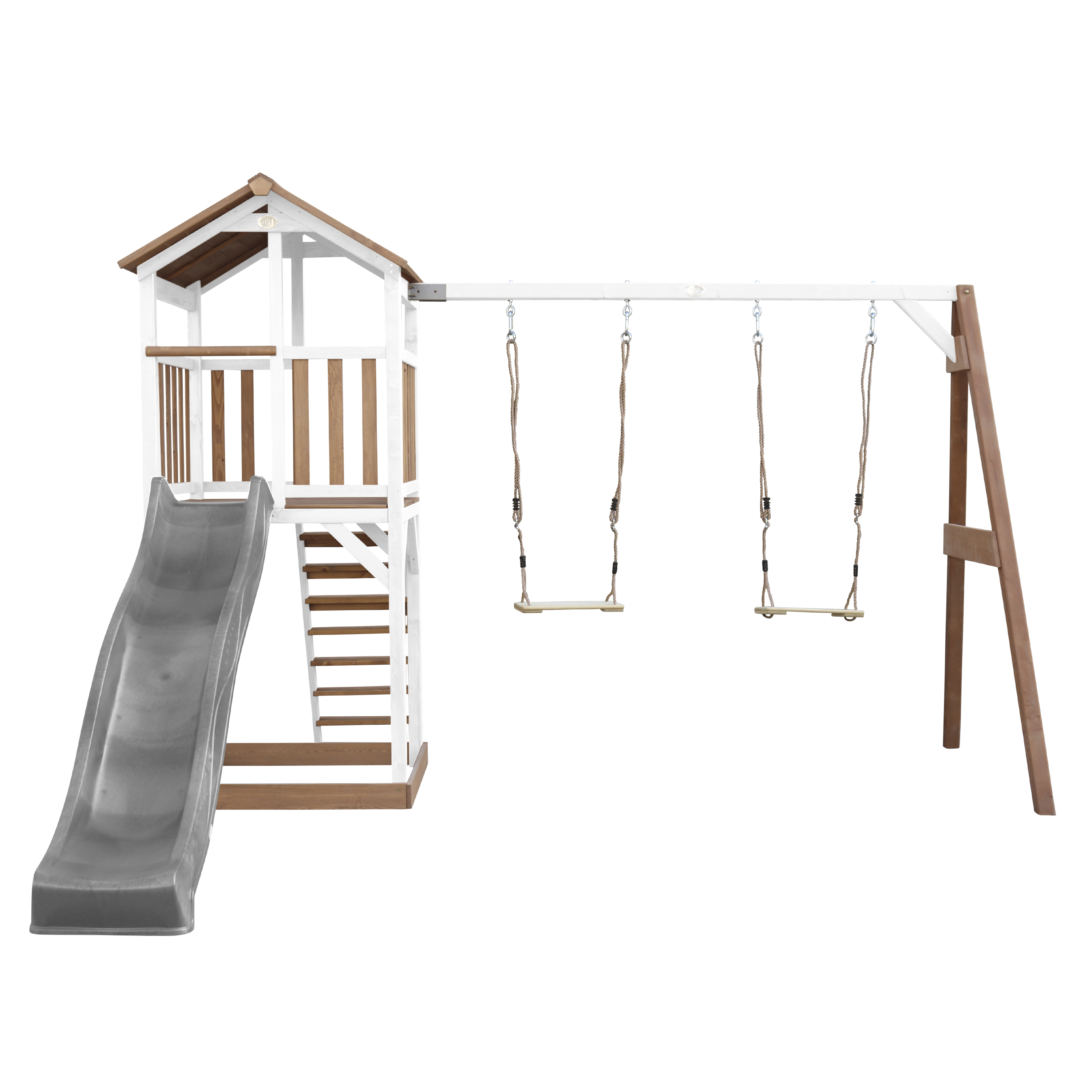 AXI Beach Tower with Double Swing Set Brown/White - Grey Slide-8717973939306 AXI Beach Tower with Double Swing Set Brown/White - Grey Slide