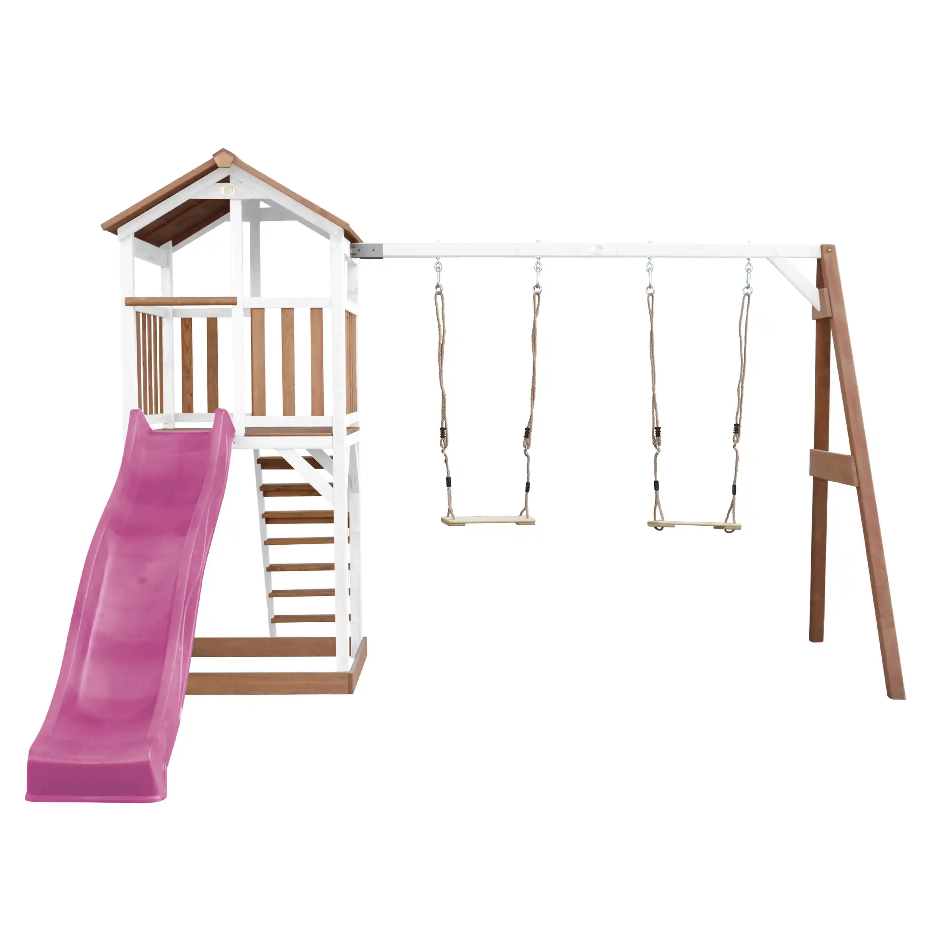 AXI Beach Tower Speeltoren met Dubbele Schommel Bruin/wit - Paarse Glijbaan