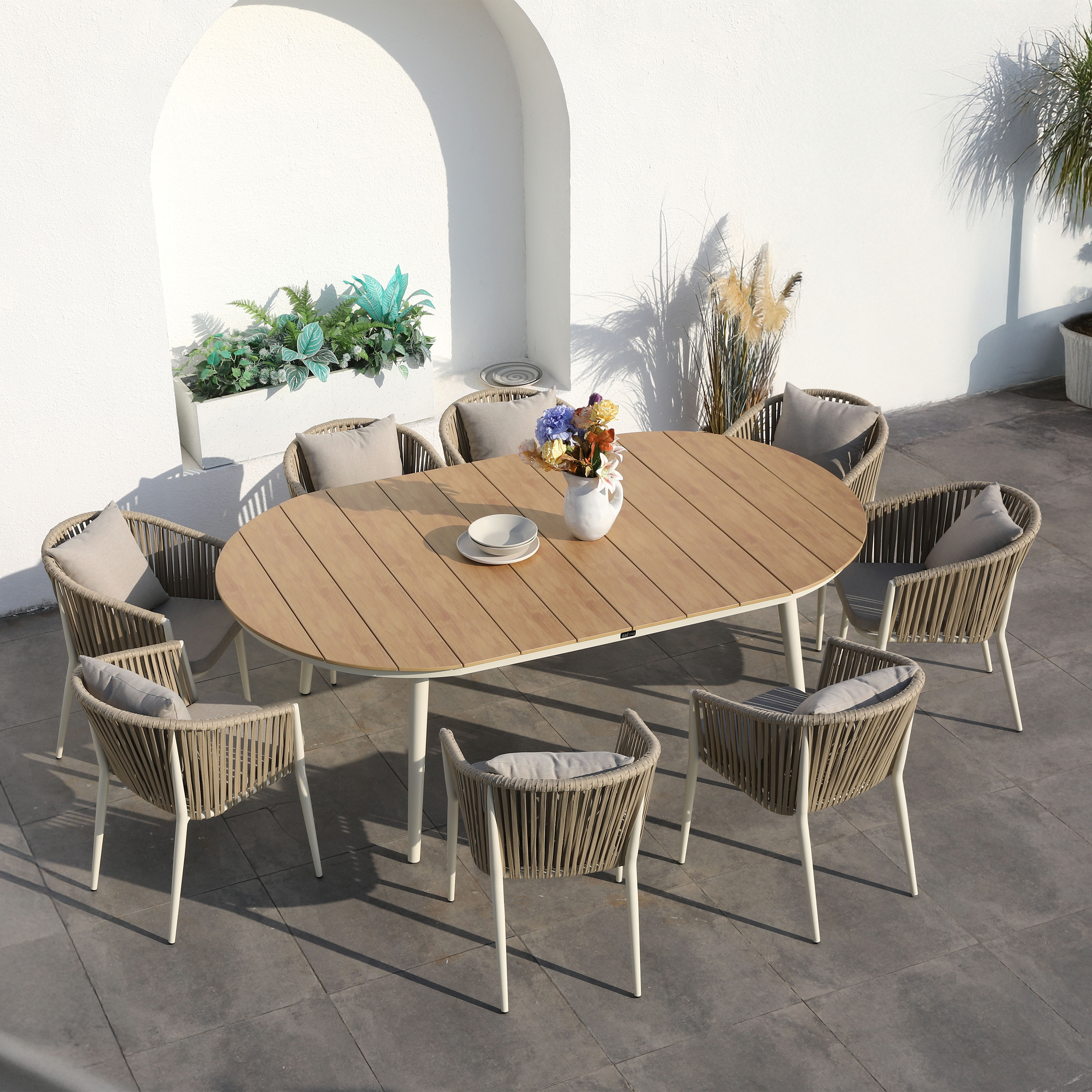 AXI Chay Garden Set with 8 Chairs – Beige with Polywood in Wood Effect