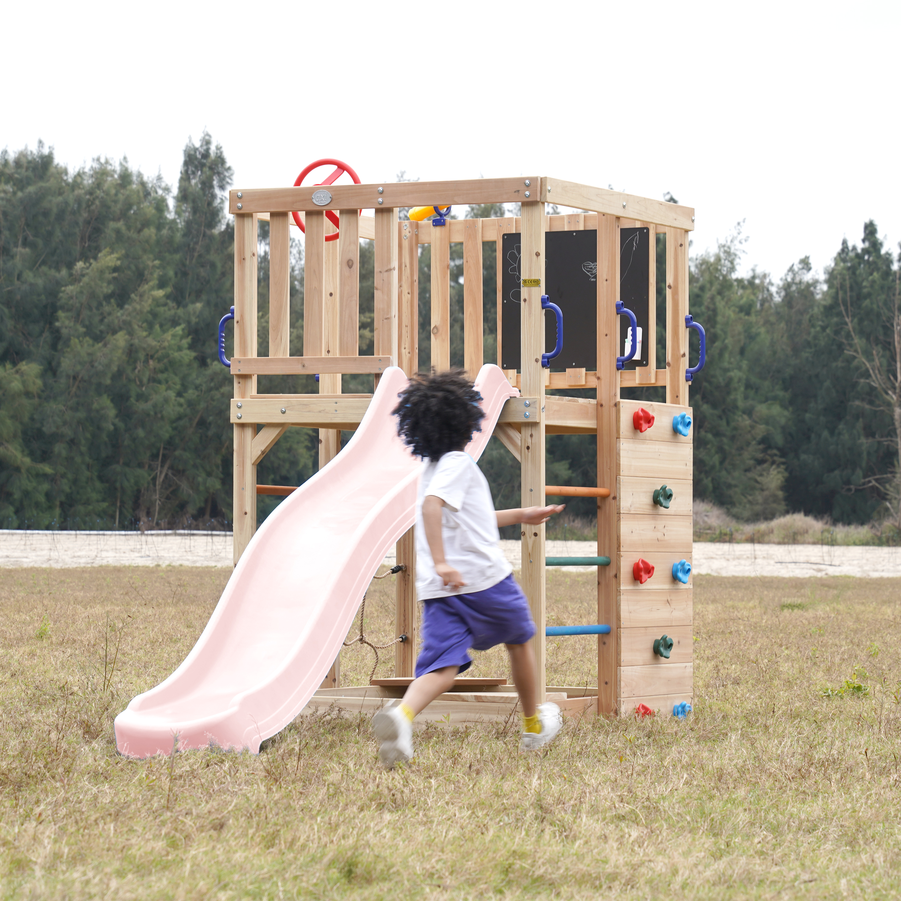 AXI Sam Climbing Frame with Climbing Wall, Climbing Net and Monkey Bars – Pastel Pink Slide