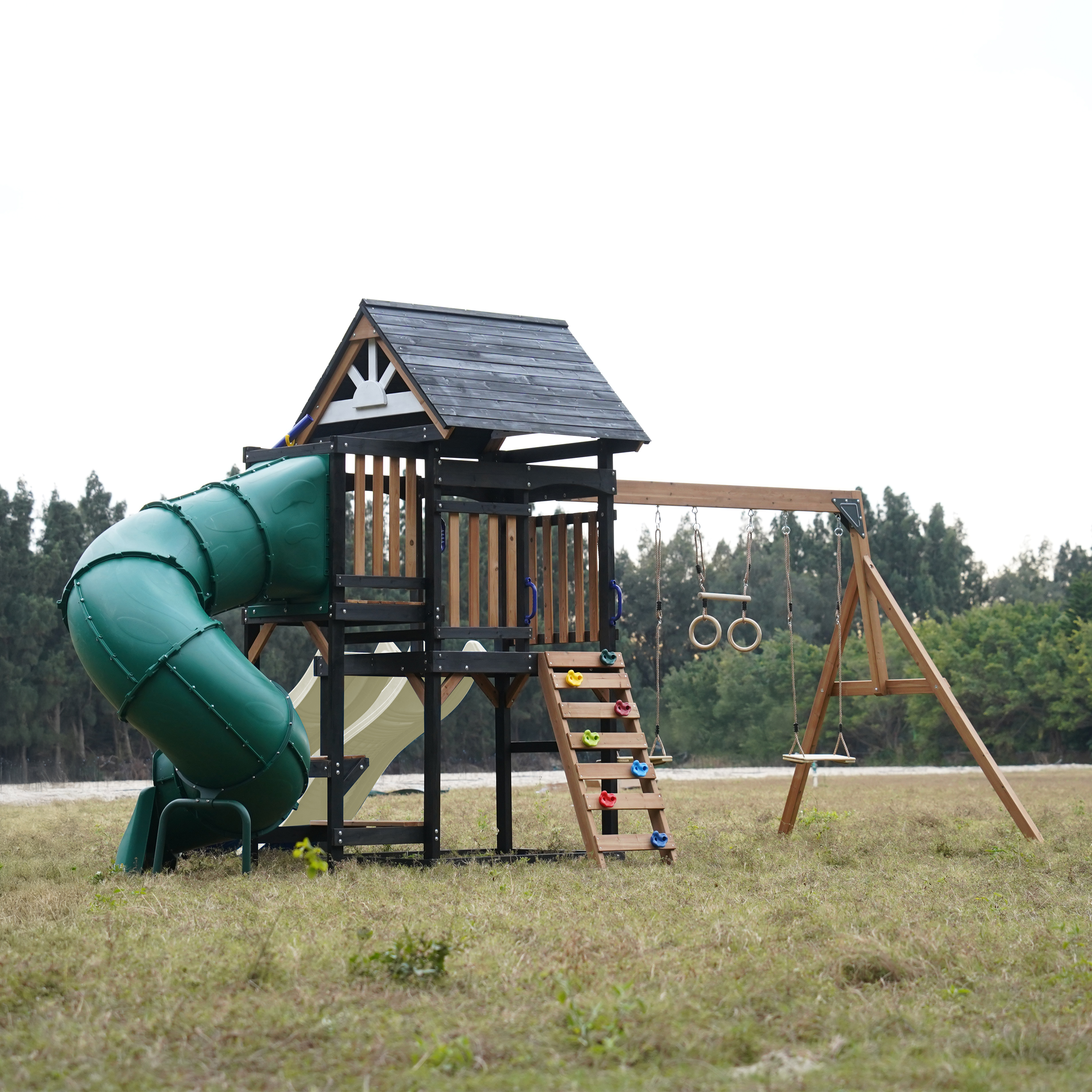 AXI Cody Climbing Frame with Swings. Trapeze and Climbing Wall – Cream Double Slide and Tube Slide