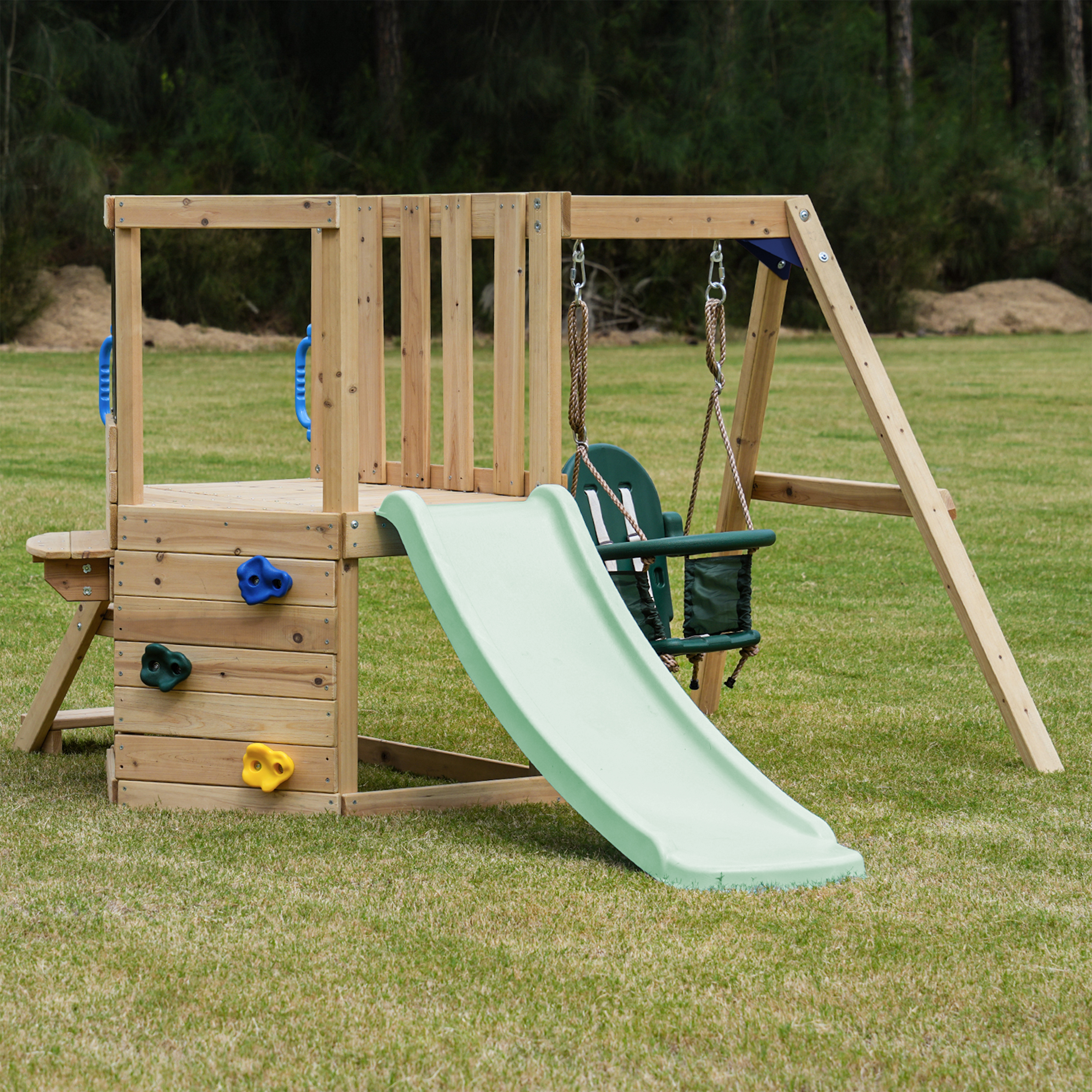 AXI Timo Mini Climbing Frame with Baby Swing. Climbing Wall and Chalkboard – Pastel Green Slide