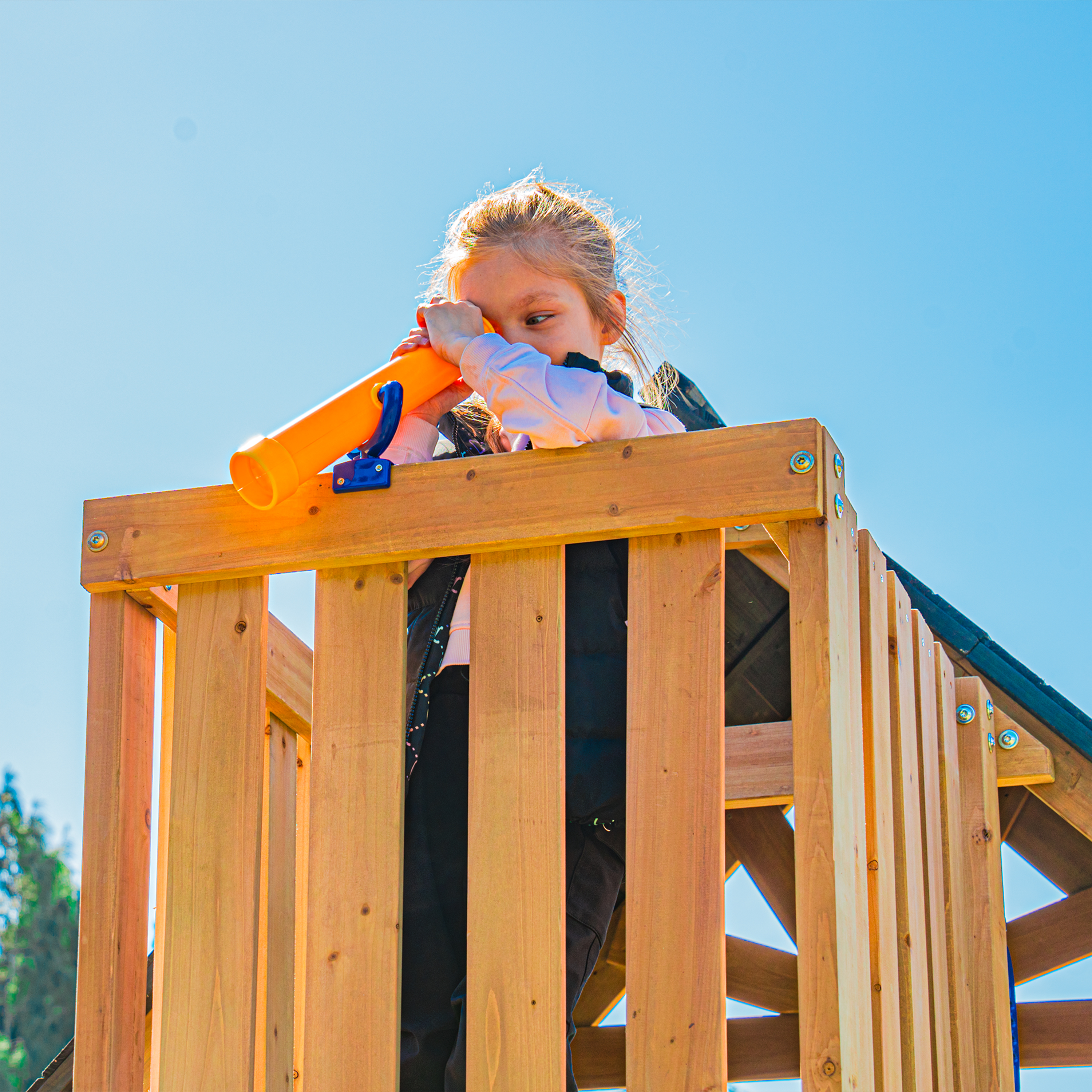 AXI Mitch Climbing Frame with Double Swing. Trapeze and Lookout Tower – Blue Slide