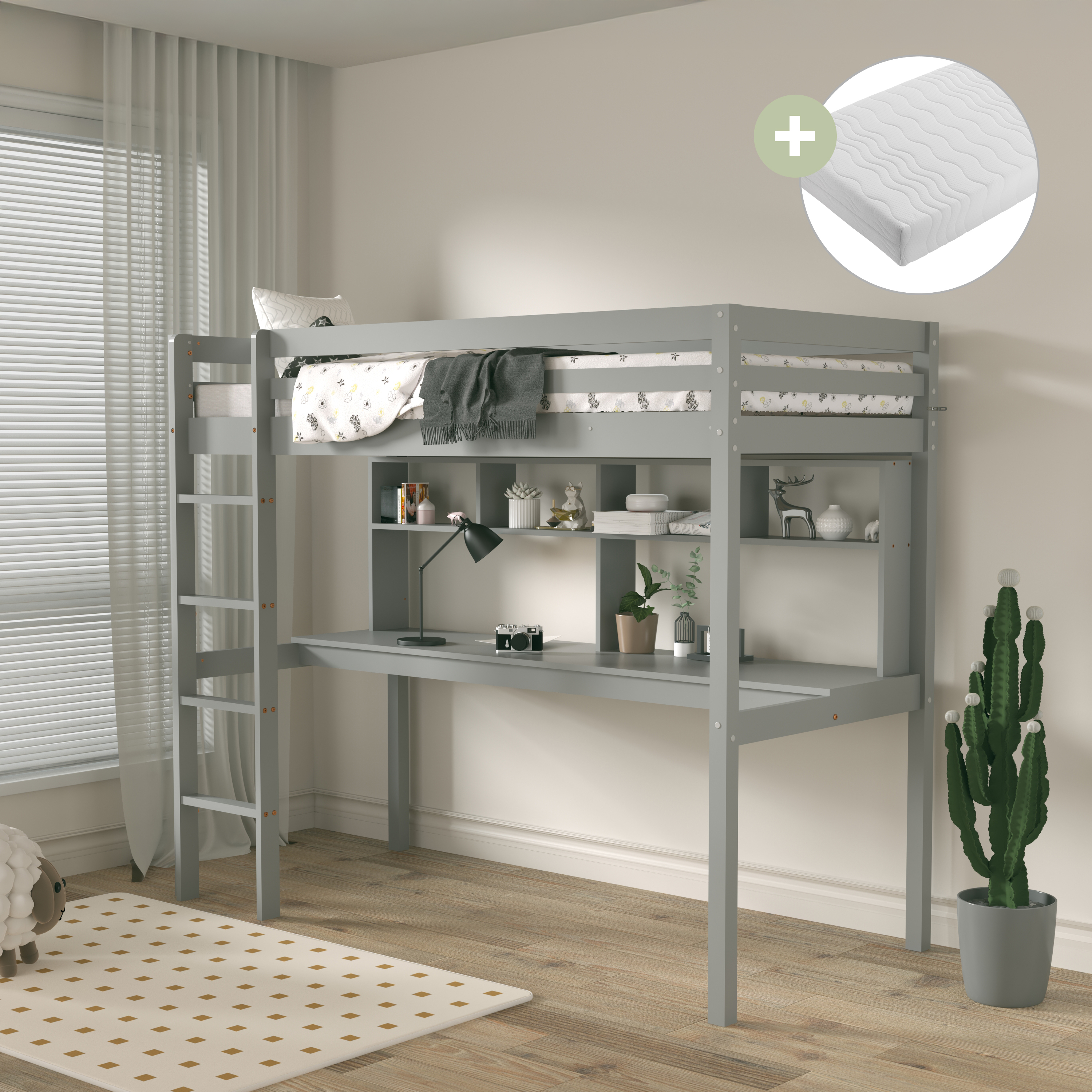 Sunny Sil Loft Bed with Desk Grey – With Mattress
