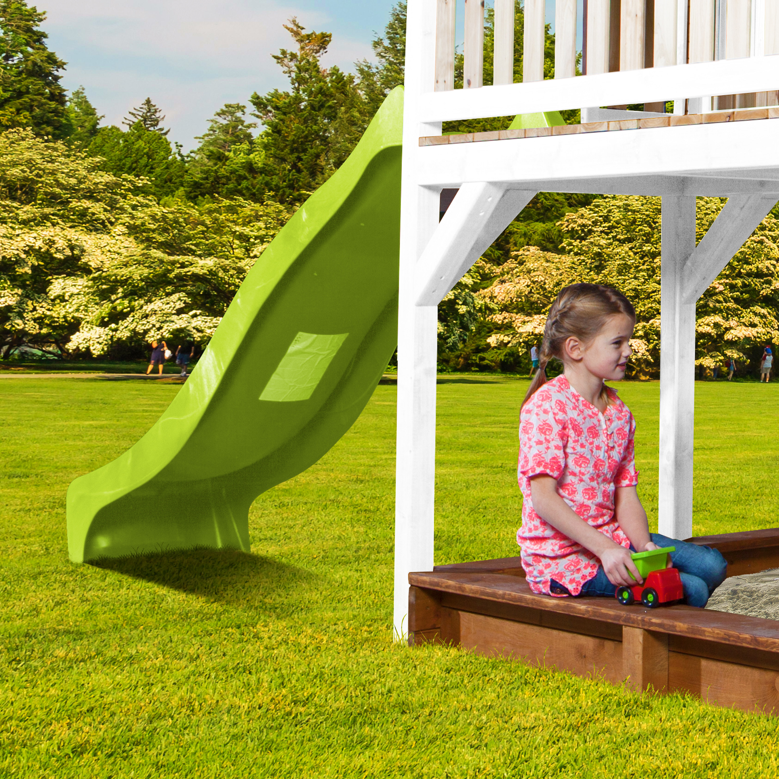 AXI Liam Playhouse with Double Swing Set Brown/White - Lime Green Slide-8717973933502 AXI Liam Playhouse with Double Swing Set Brown/White - Lime Green Slide