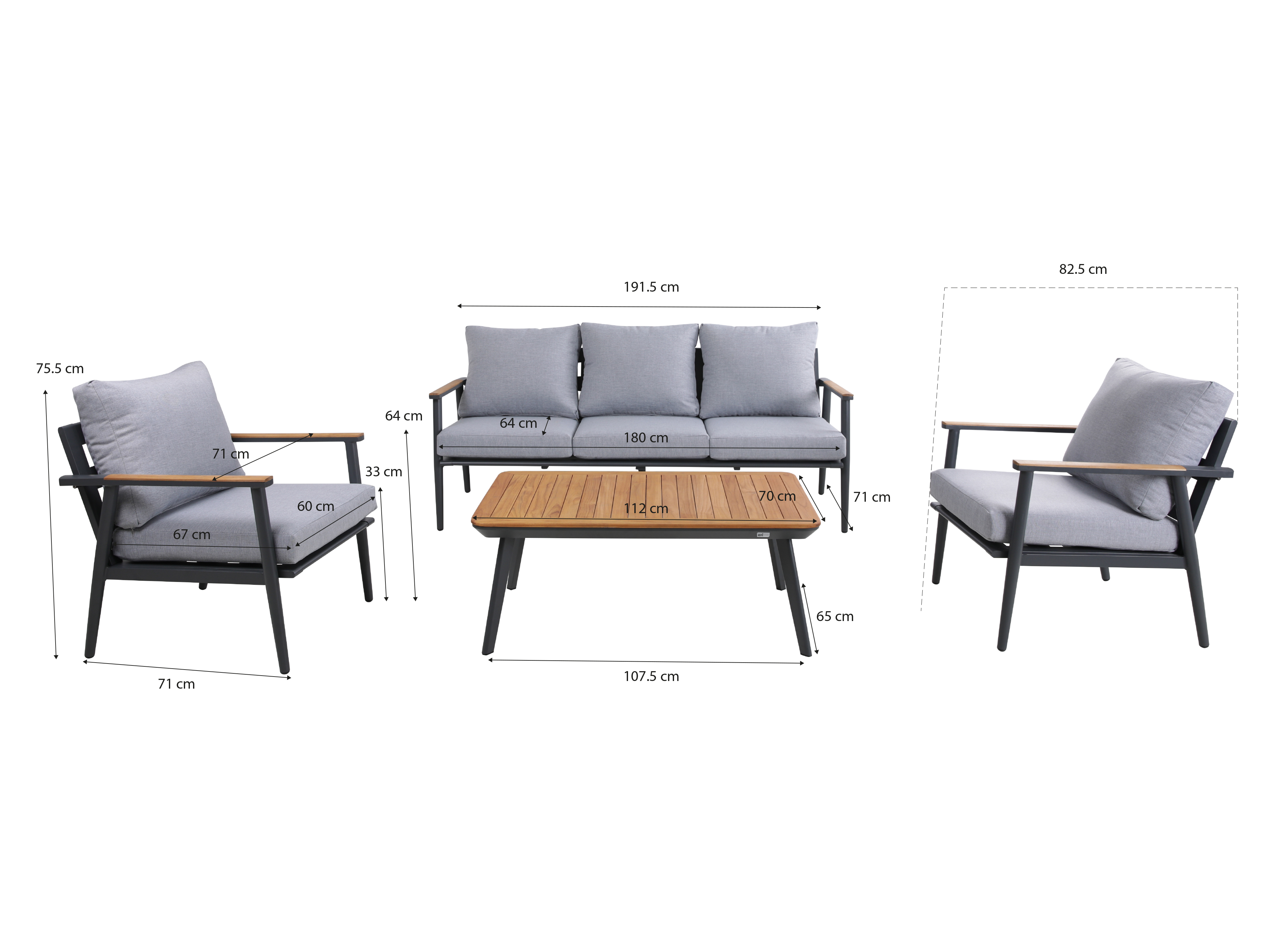 AXI Bibi loungeset 4-delig met bank, tafel en twee stoelen Antraciet/Teak