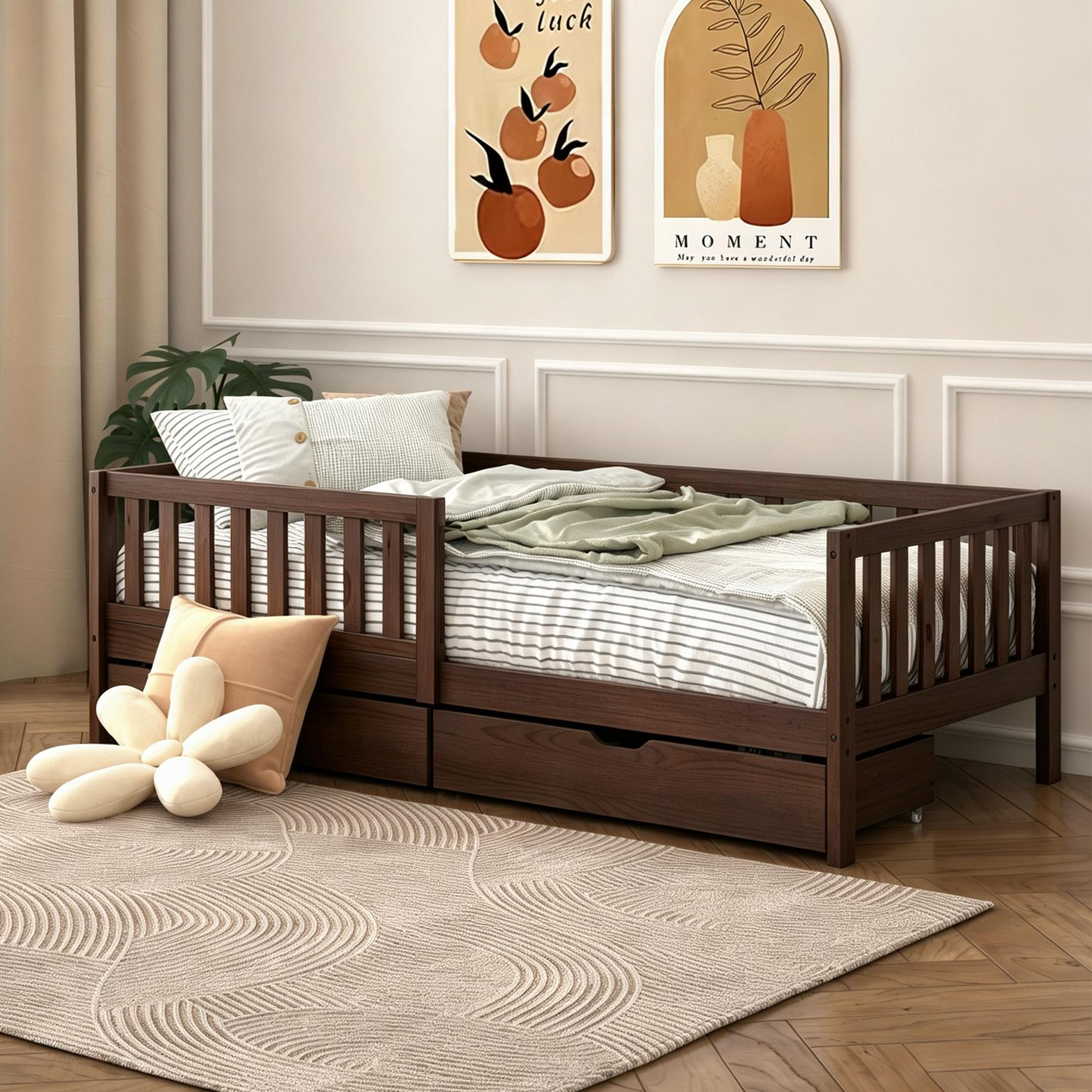 Sunny Isa Kids Bed with 2 Storage Drawers and Guardrail Brown – Without Mattress