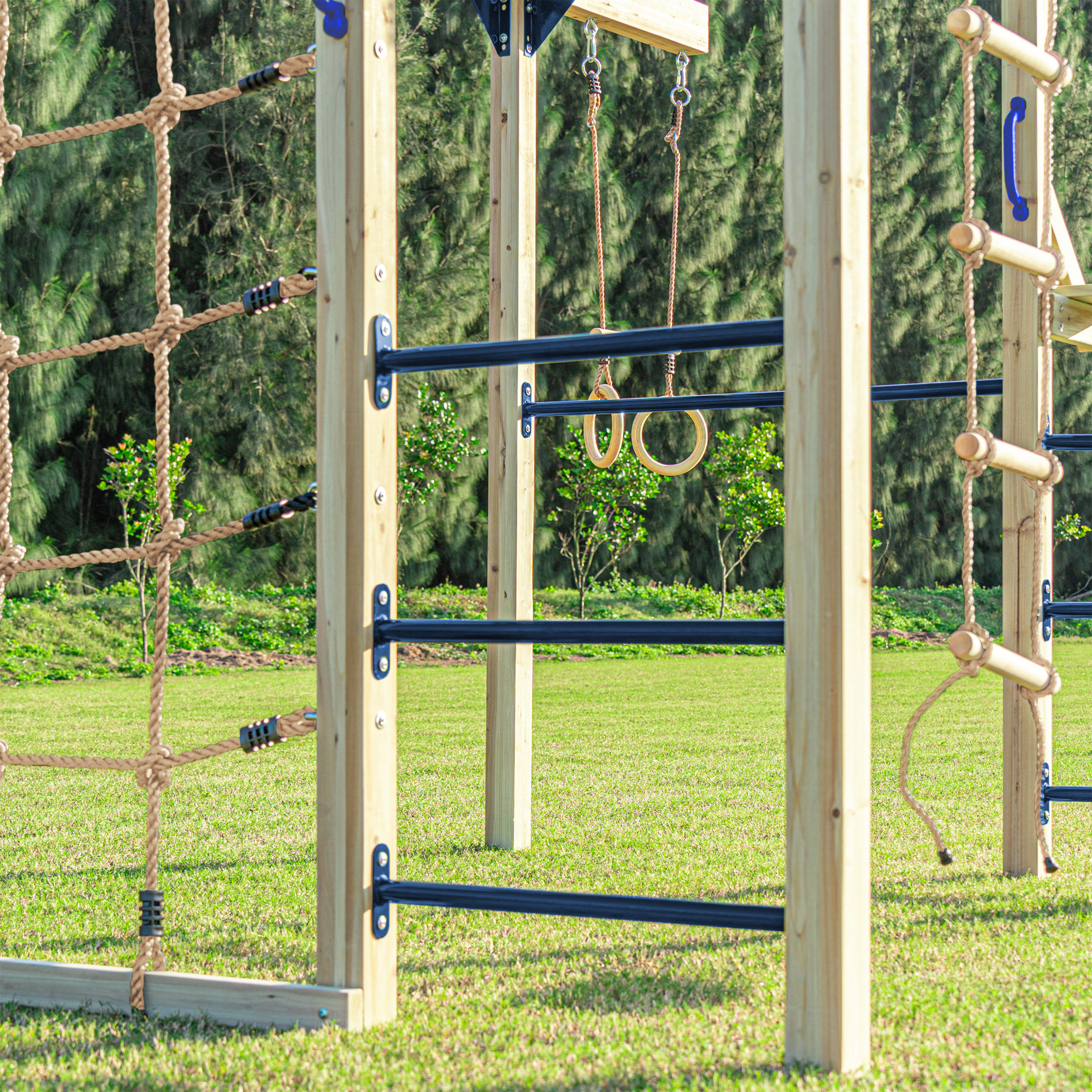 AXI Boris Wooden Playcentre with Swings. Trapeze. Climbing Nets and Monkey Bars – Green Slide