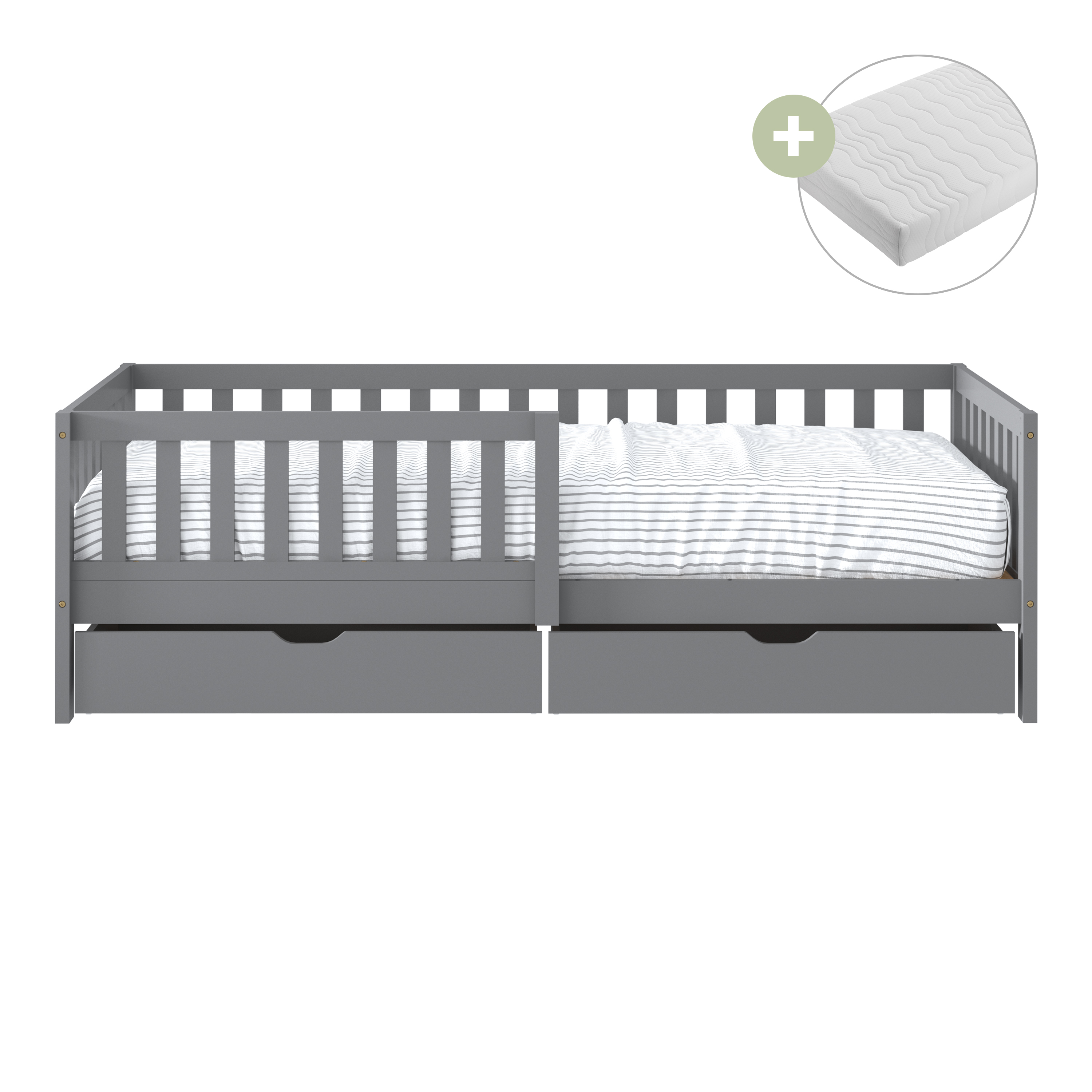 Sunny Isa Kids Bed with 2 Storage Drawers and Guardrail Grey – With Mattress