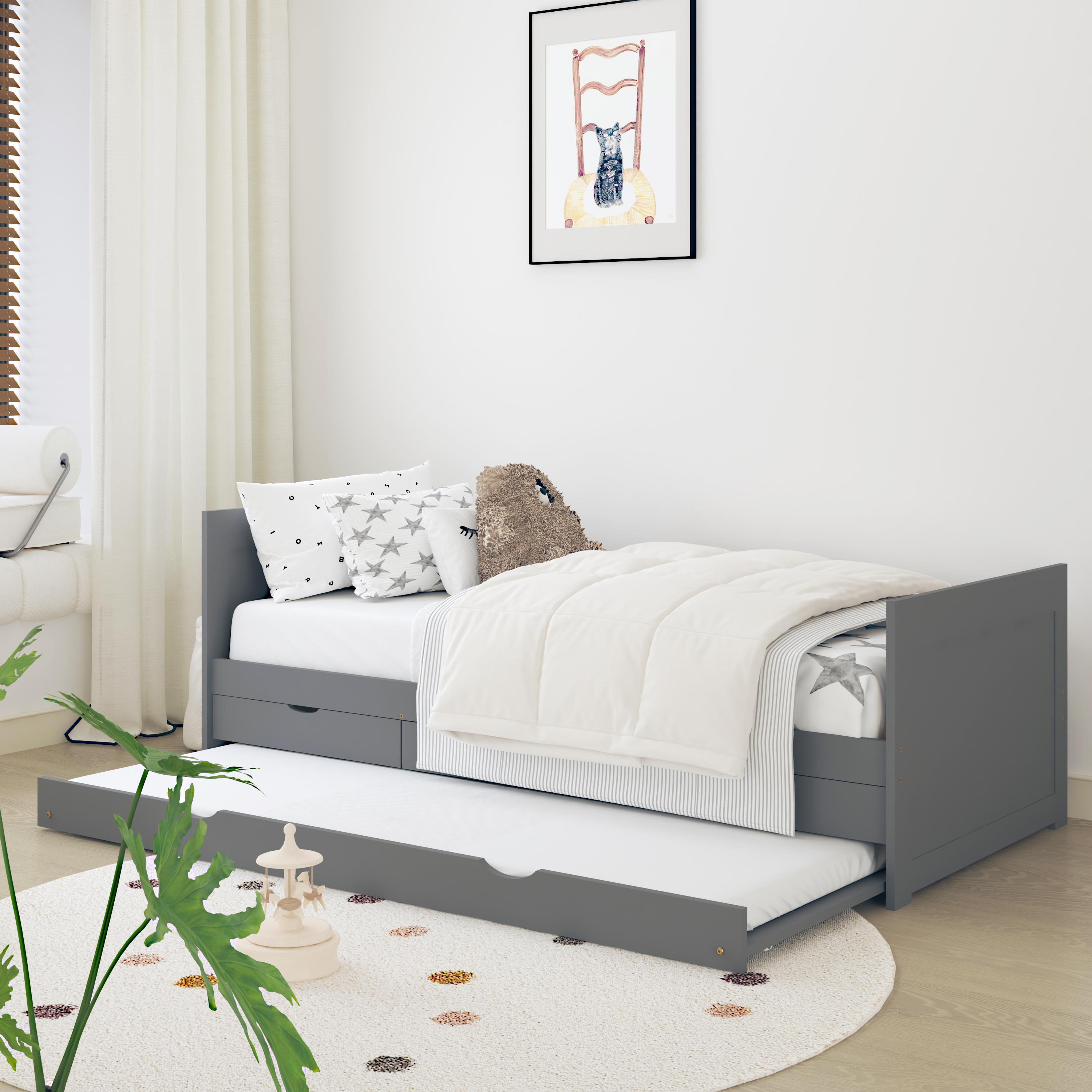 Sunny Eli Kids Bed with Trundle and 3 Storage Drawers Grey – Without Mattress