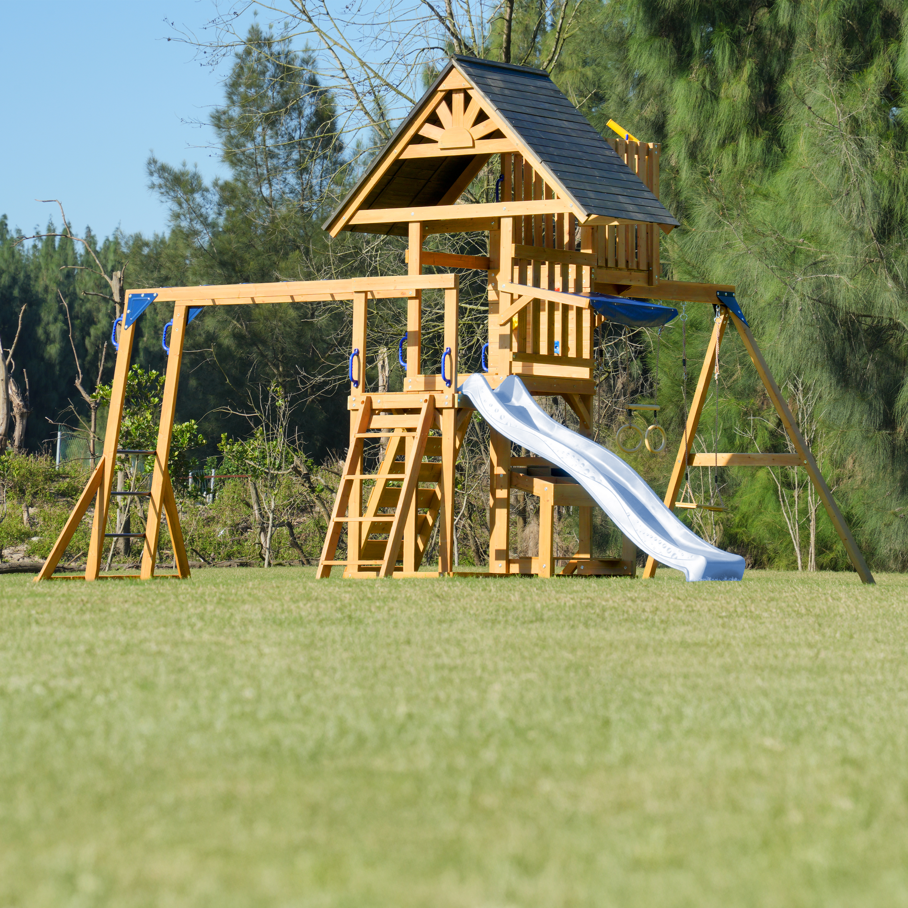 AXI Mitch Climbing Frame with Double Swing. Trapeze and Lookout Tower – Pastel Blue Slide