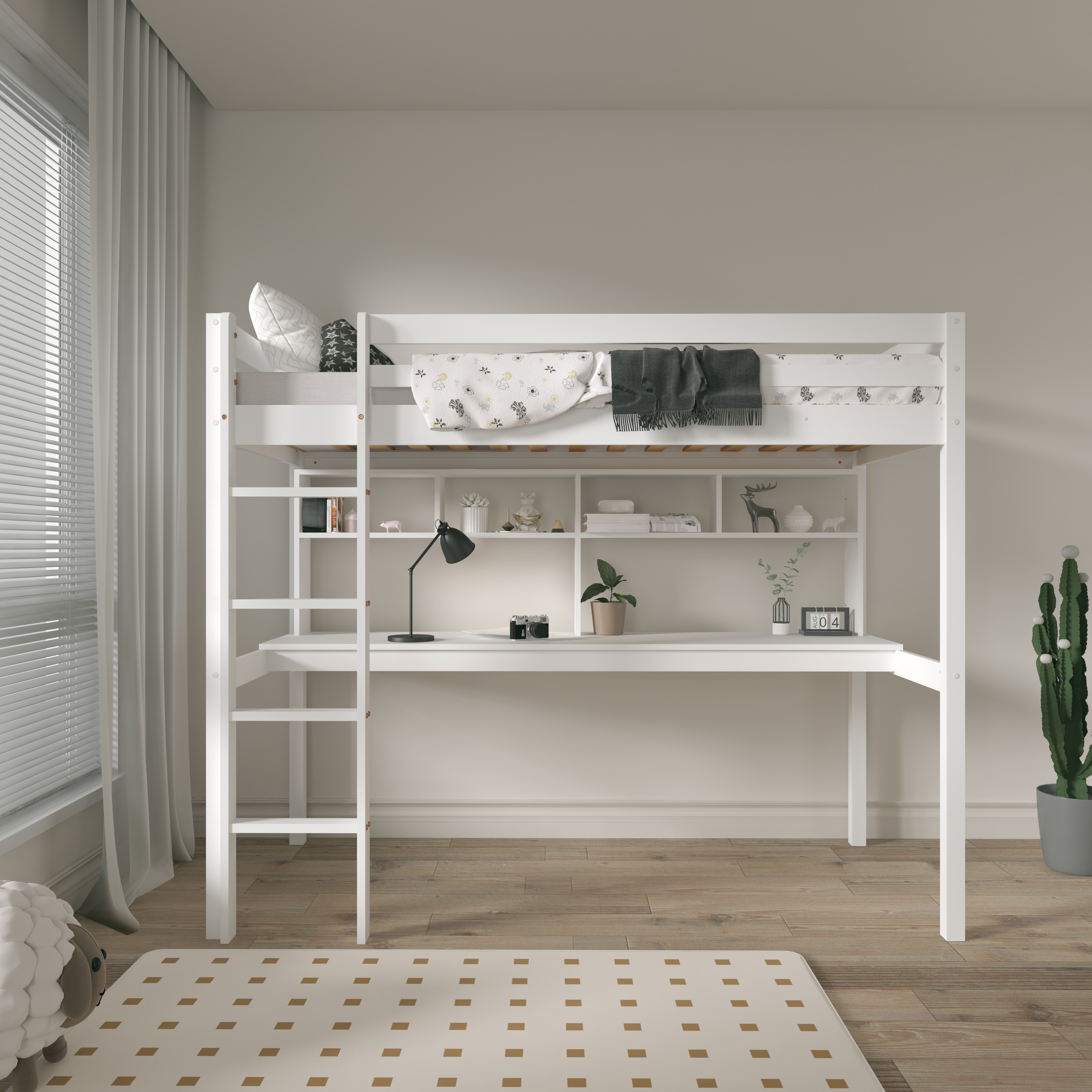 Sunny Sil Loft Bed with Desk White – With Mattress