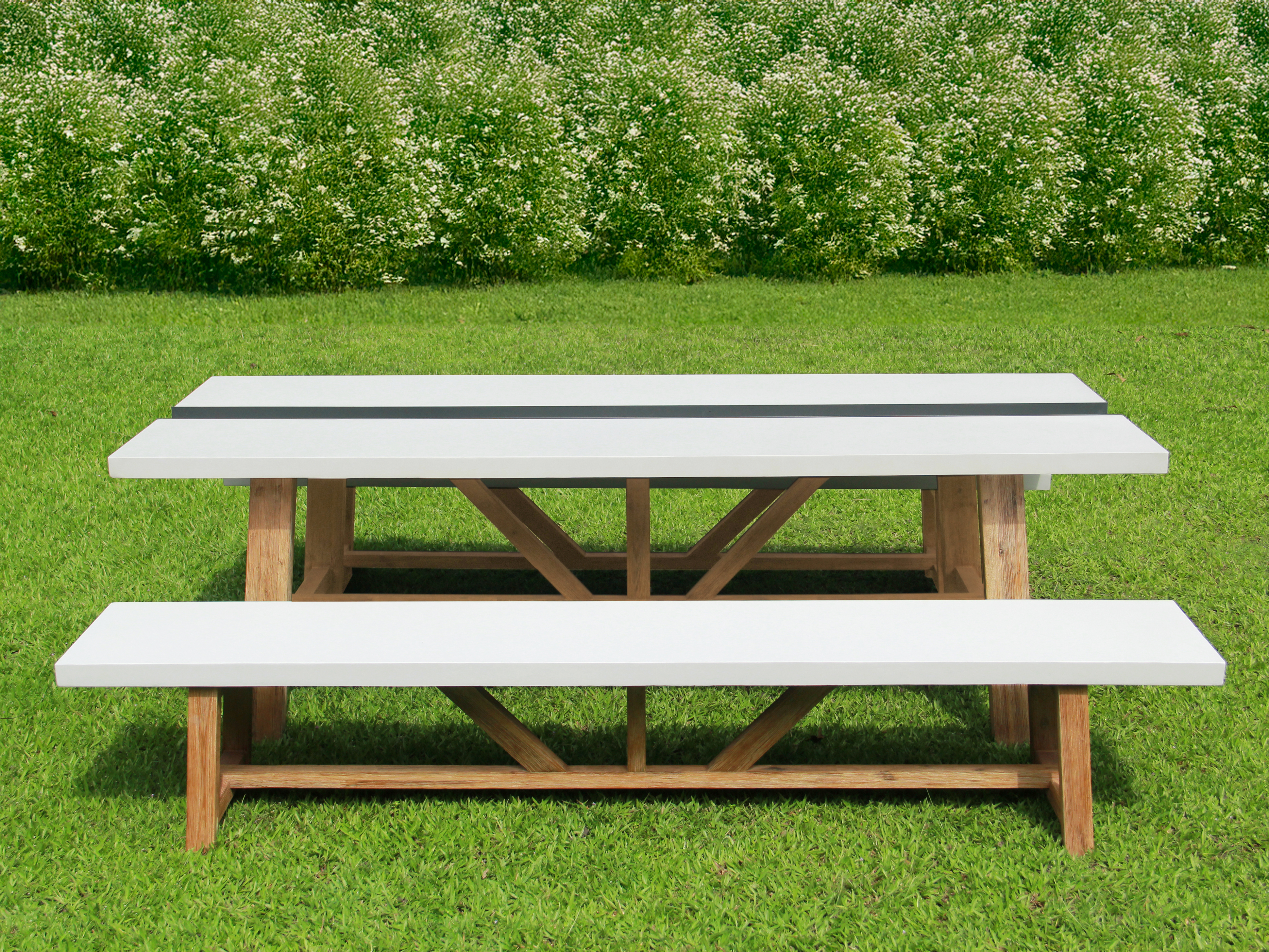 AXI Aaron Garden Set with 2 benches – Acacia wood / Limestone-look