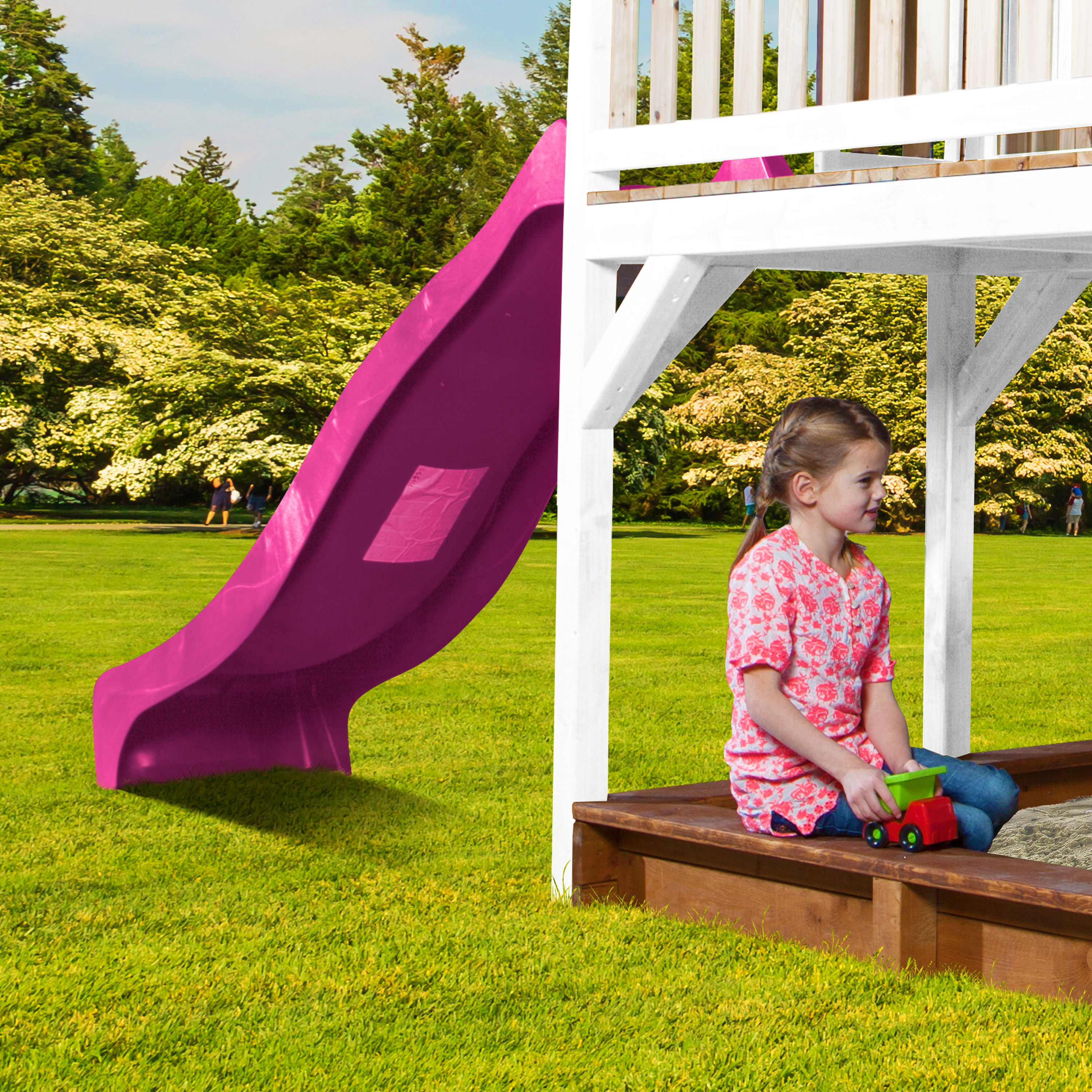 AXI Liam Playhouse with Double Swing Set Brown/White - Purple Slide