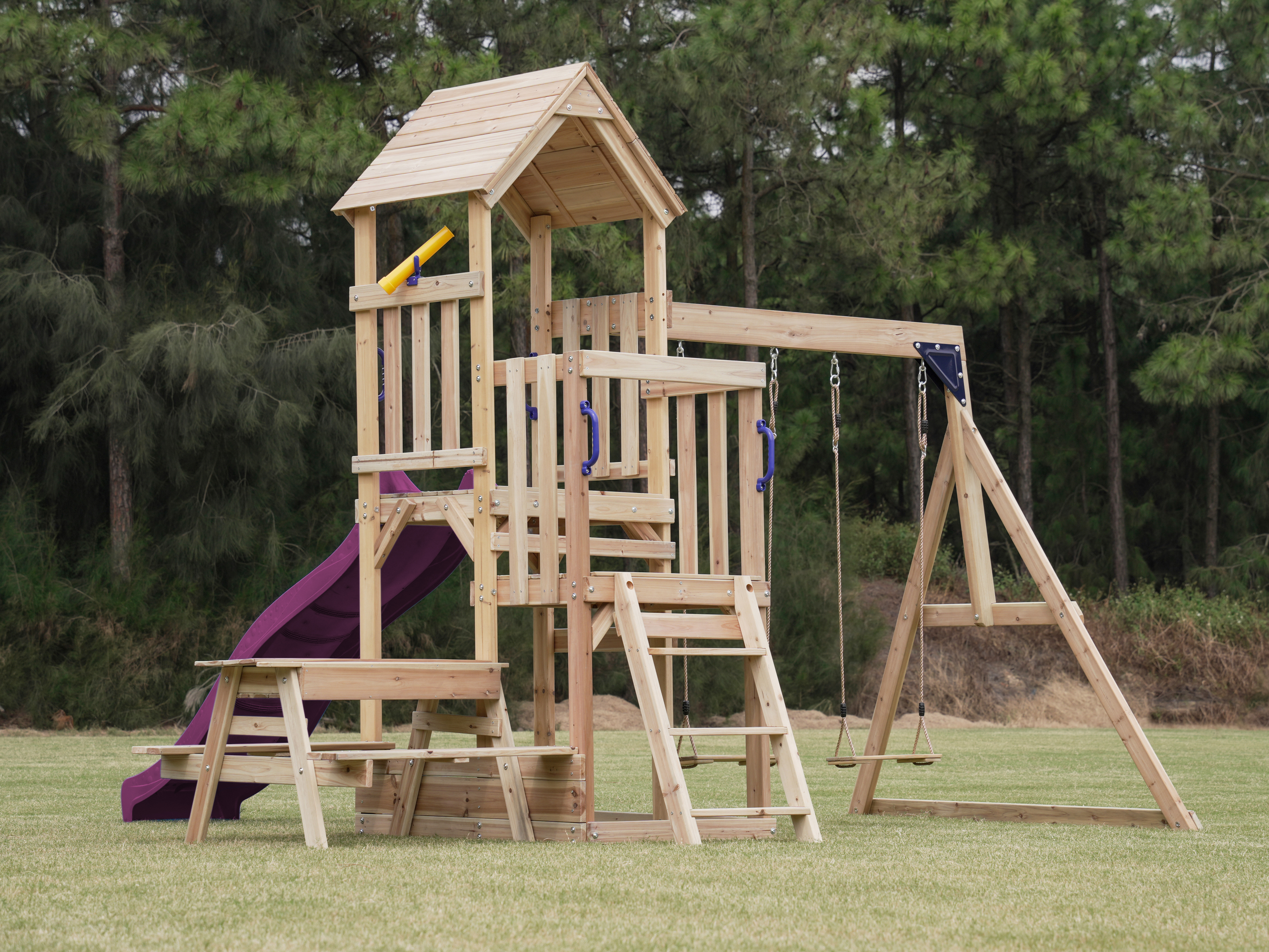 AXI Mette Playground with Double Swing Brown - Purple Slide 
