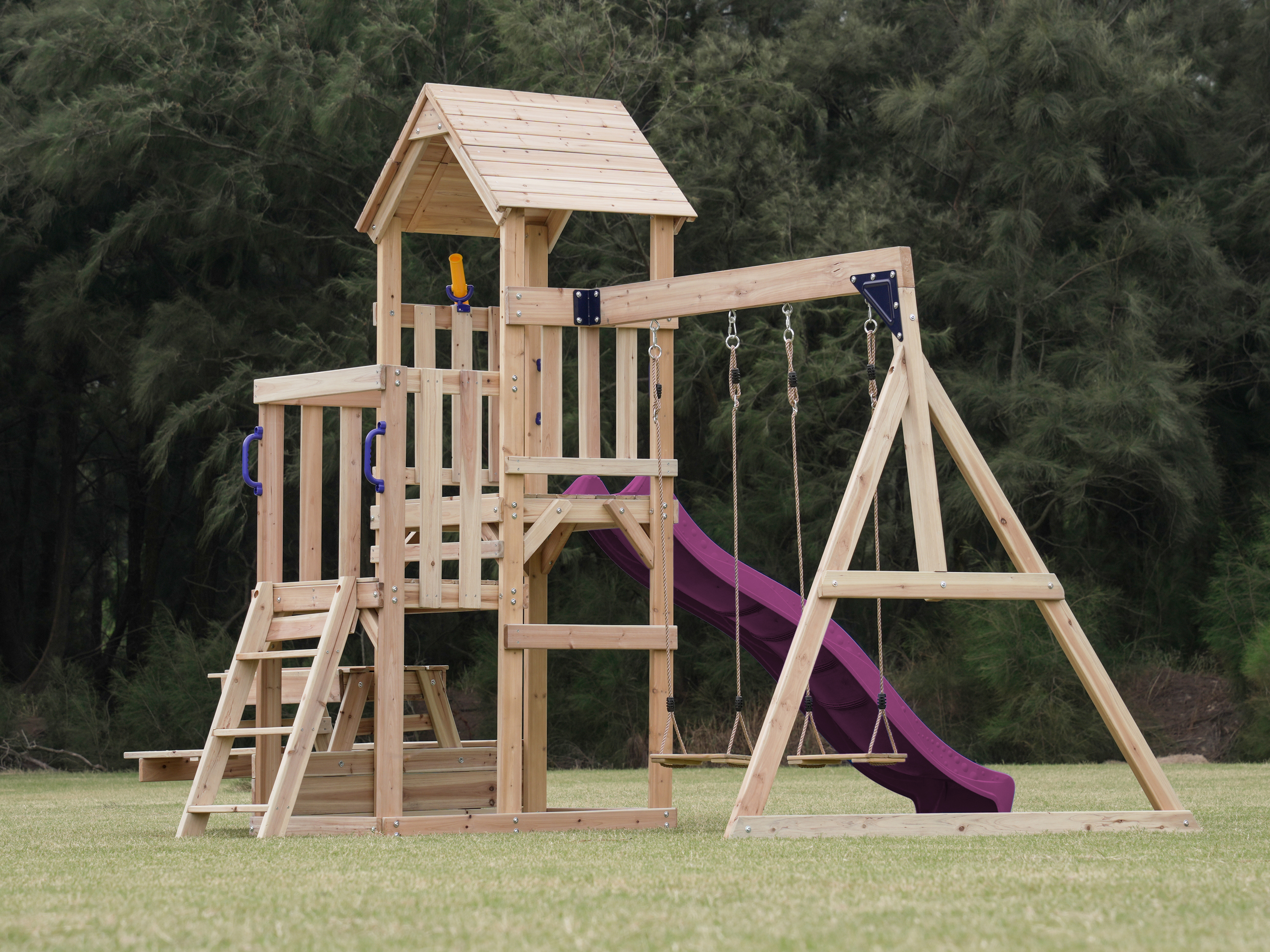 AXI Mette Playground with Double Swing Brown - Purple Slide 