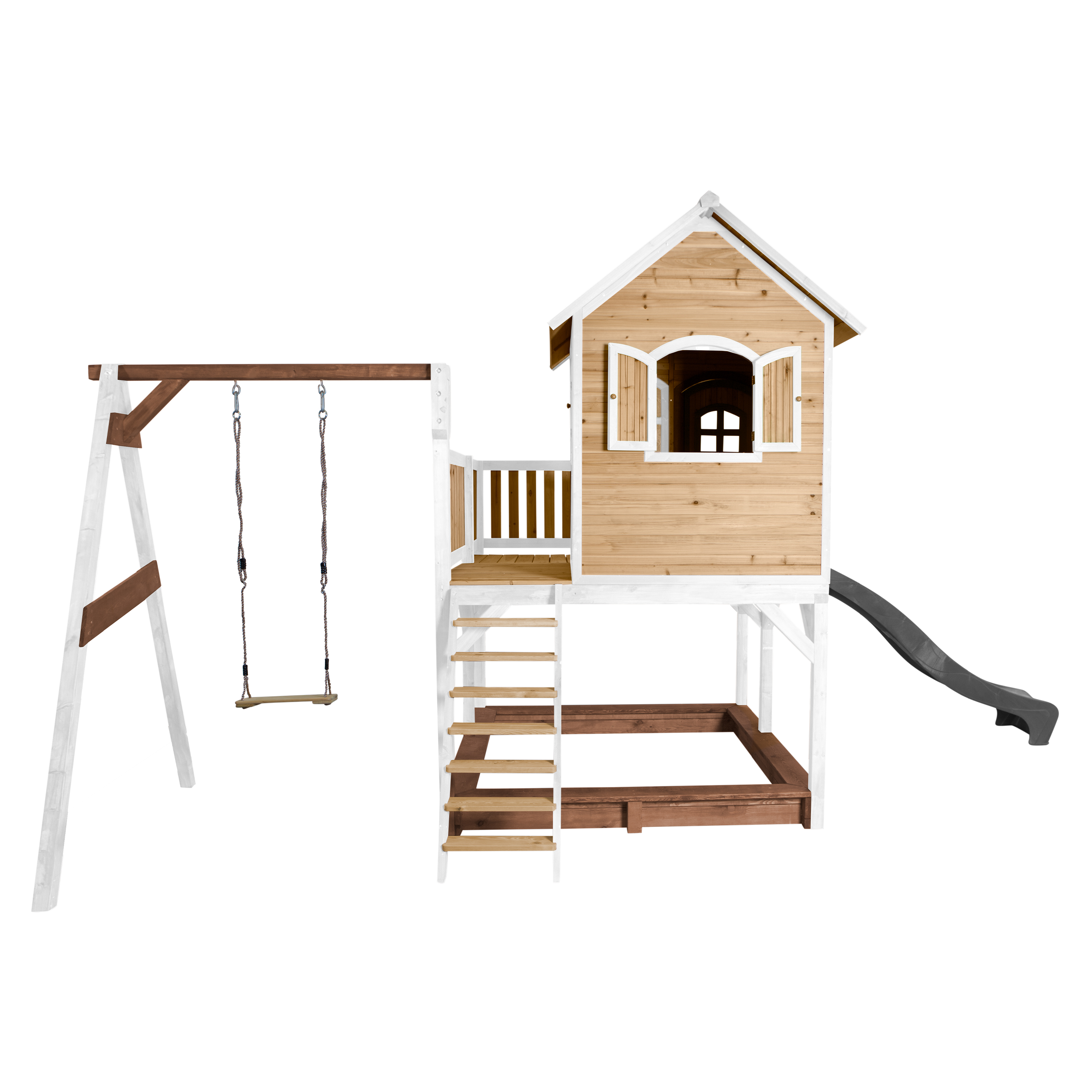 AXI Liam Playhouse with Single Swing Set Brown/White - Grey Slide-8717973937500 AXI Liam Playhouse with Single Swing Set Brown/White - Grey Slide