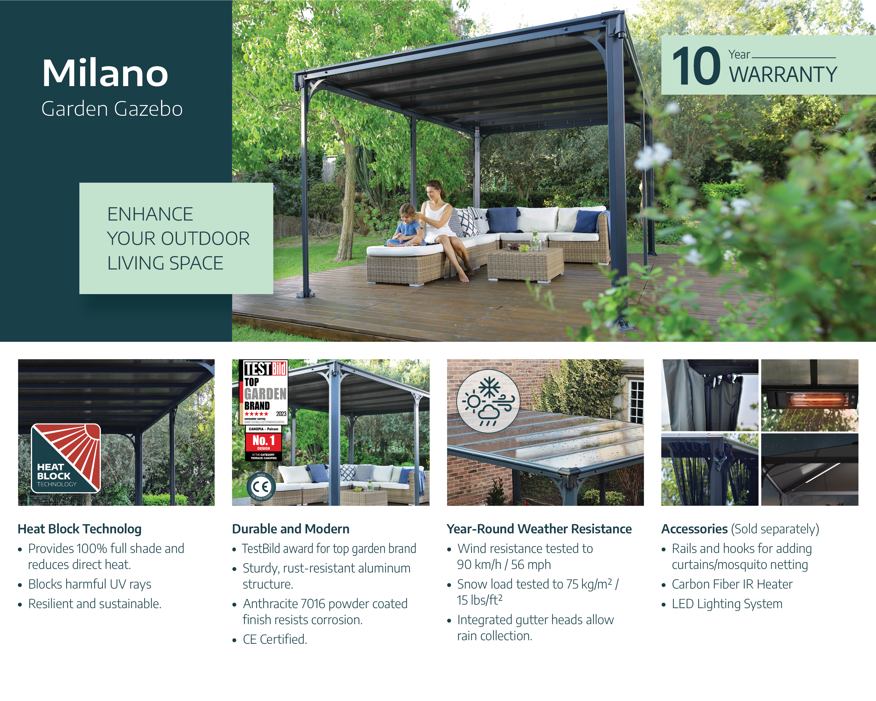 Canopia Milano 309X309 cm tuinpaviljoen Donkergrijs Brons