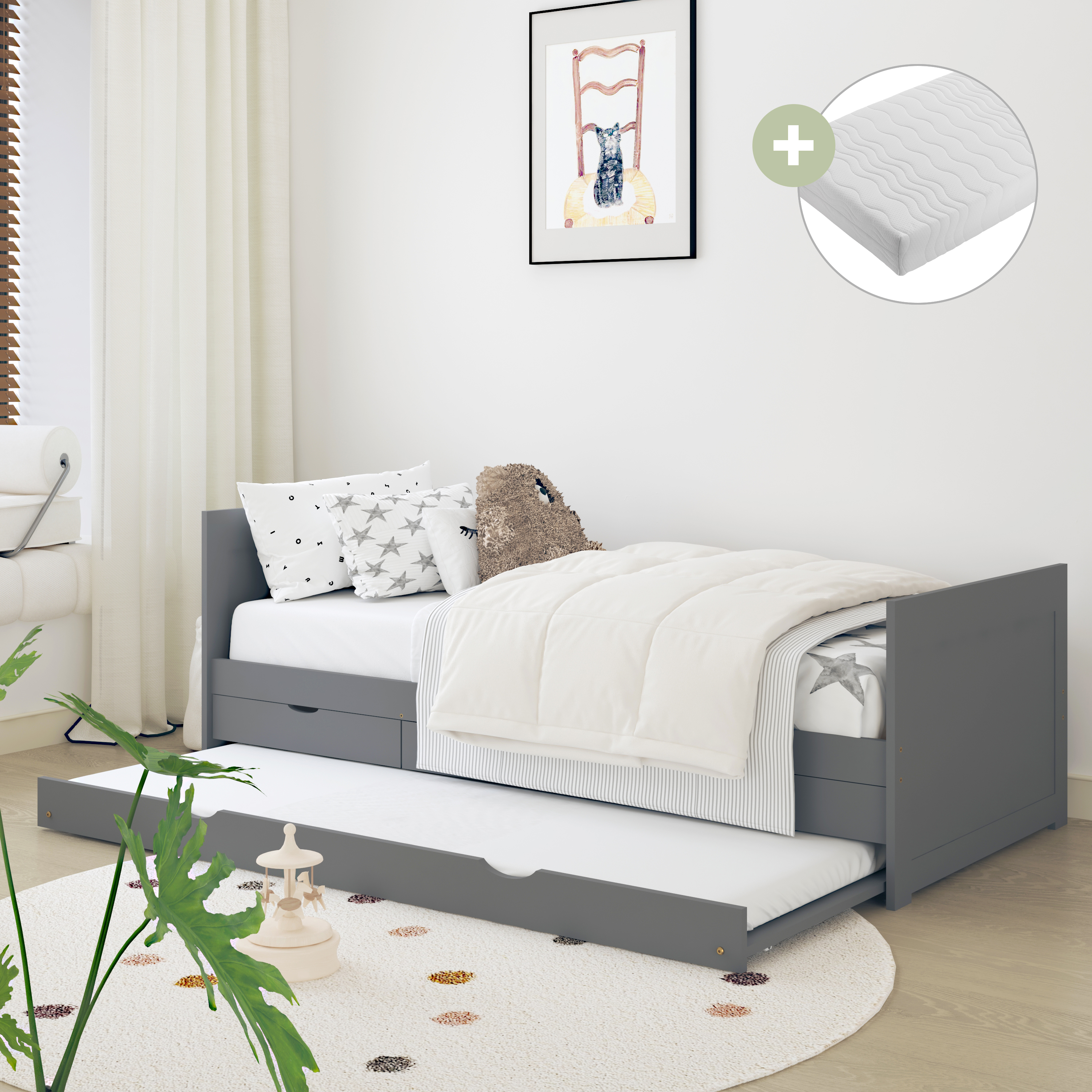 Sunny Eli Kids Bed with Pull-Out Bed and 3 Storage Drawers Grey – With Mattress