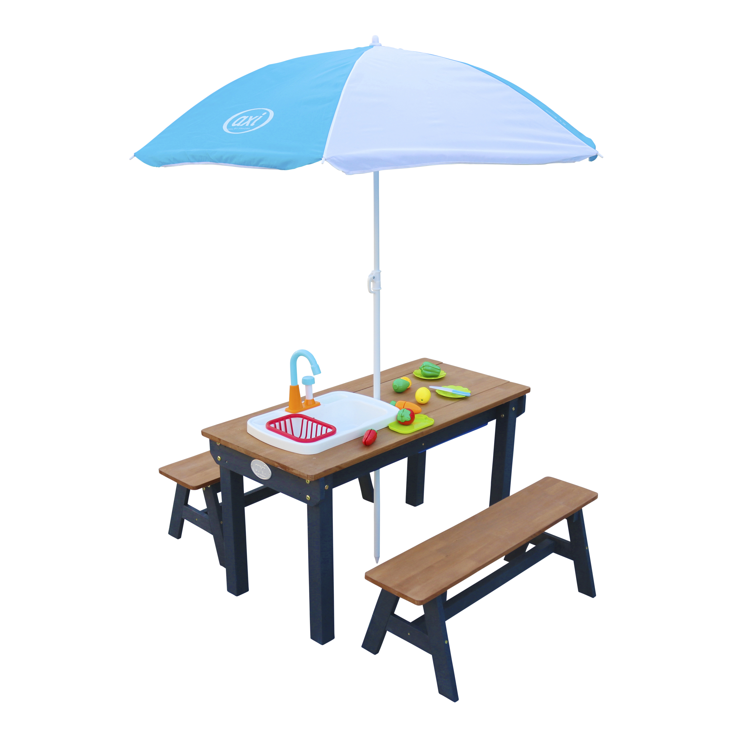 AXI Dennis Sand & Water Picnic Table with Play Kitchen Sink and Benches Anthracite/Brown - Umbrella Blue/White