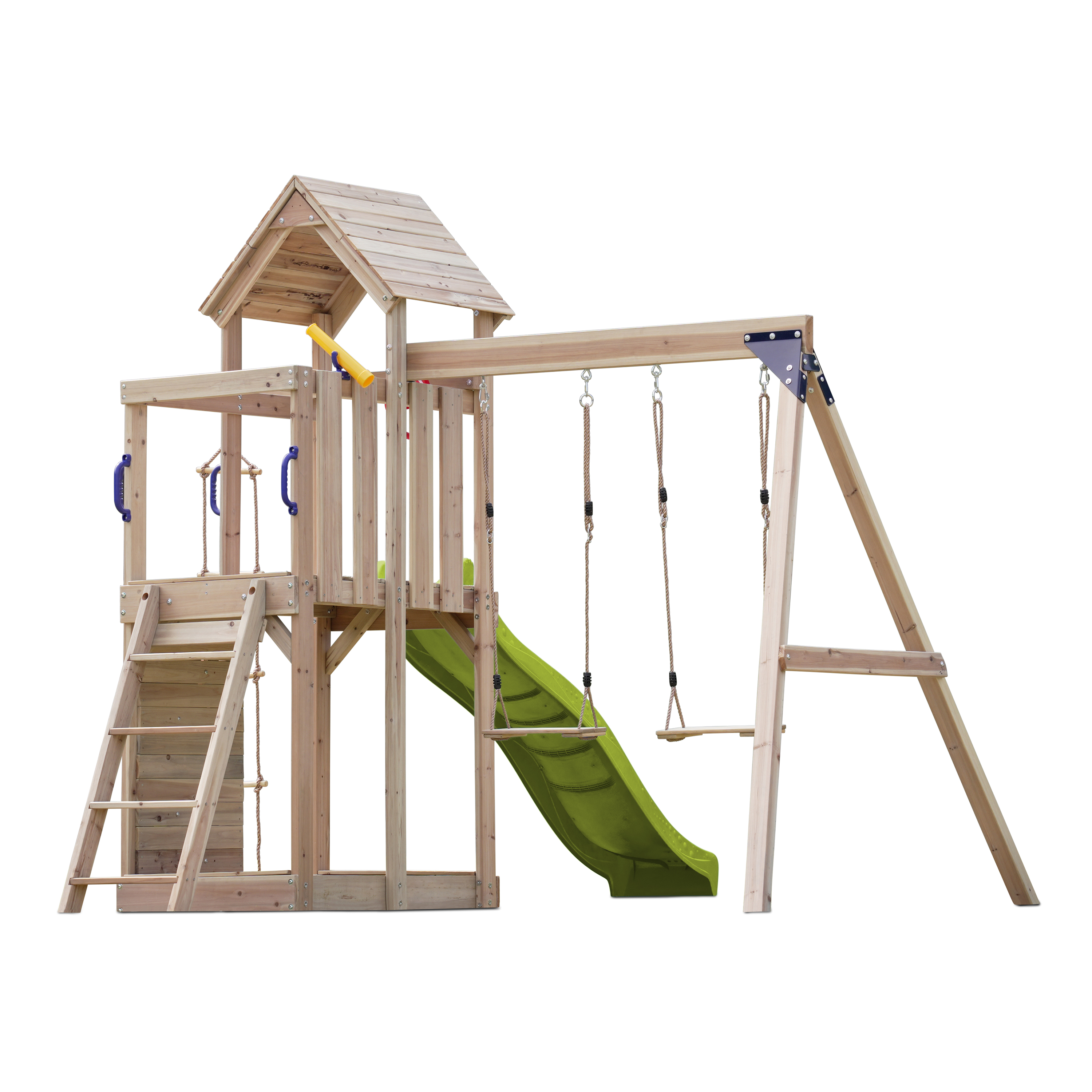 AXI Moos Speeltoestel met Dubbele Schommel en Touwladder Bruin – Limoen groene Glijbaan -8720365064494 AXI Moos Speeltoestel met Dubbele Schommel en Touwladder Bruin – Limoen groene Glijbaan