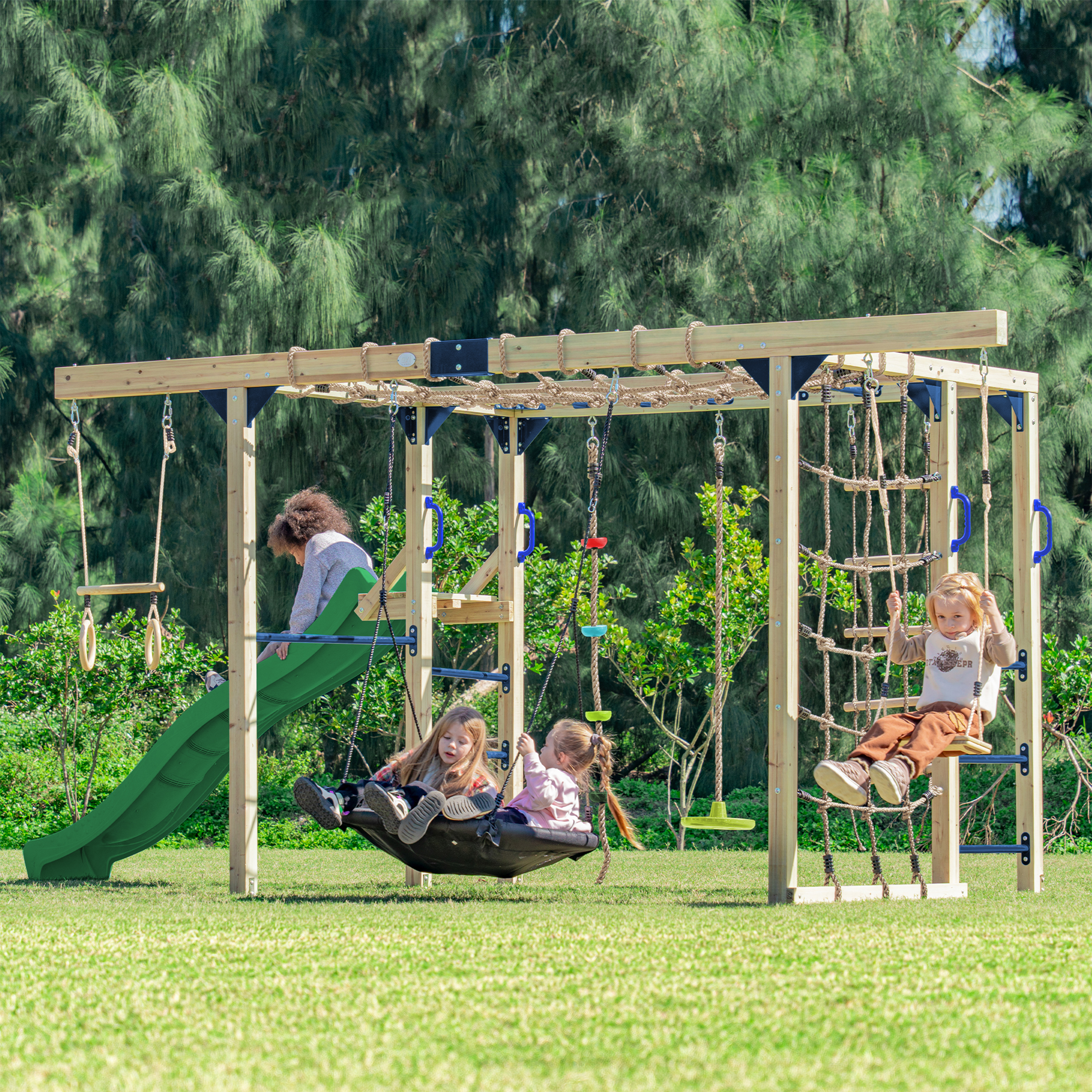 AXI Boris Wooden Playcentre with Swings. Trapeze. Climbing Nets and Monkey Bars – Green Slide