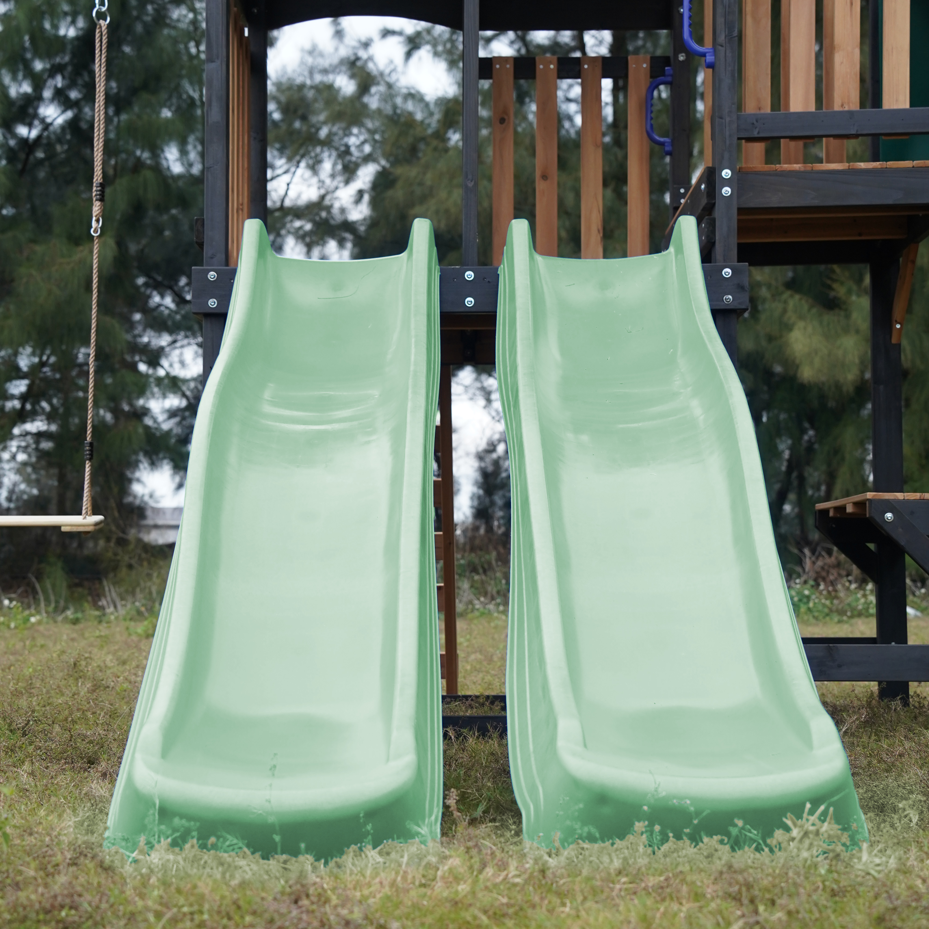 AXI Cody Climbing Frame with Swings, Trapeze and Climbing Wall – Pastel Green Double Slide and Tube Slide