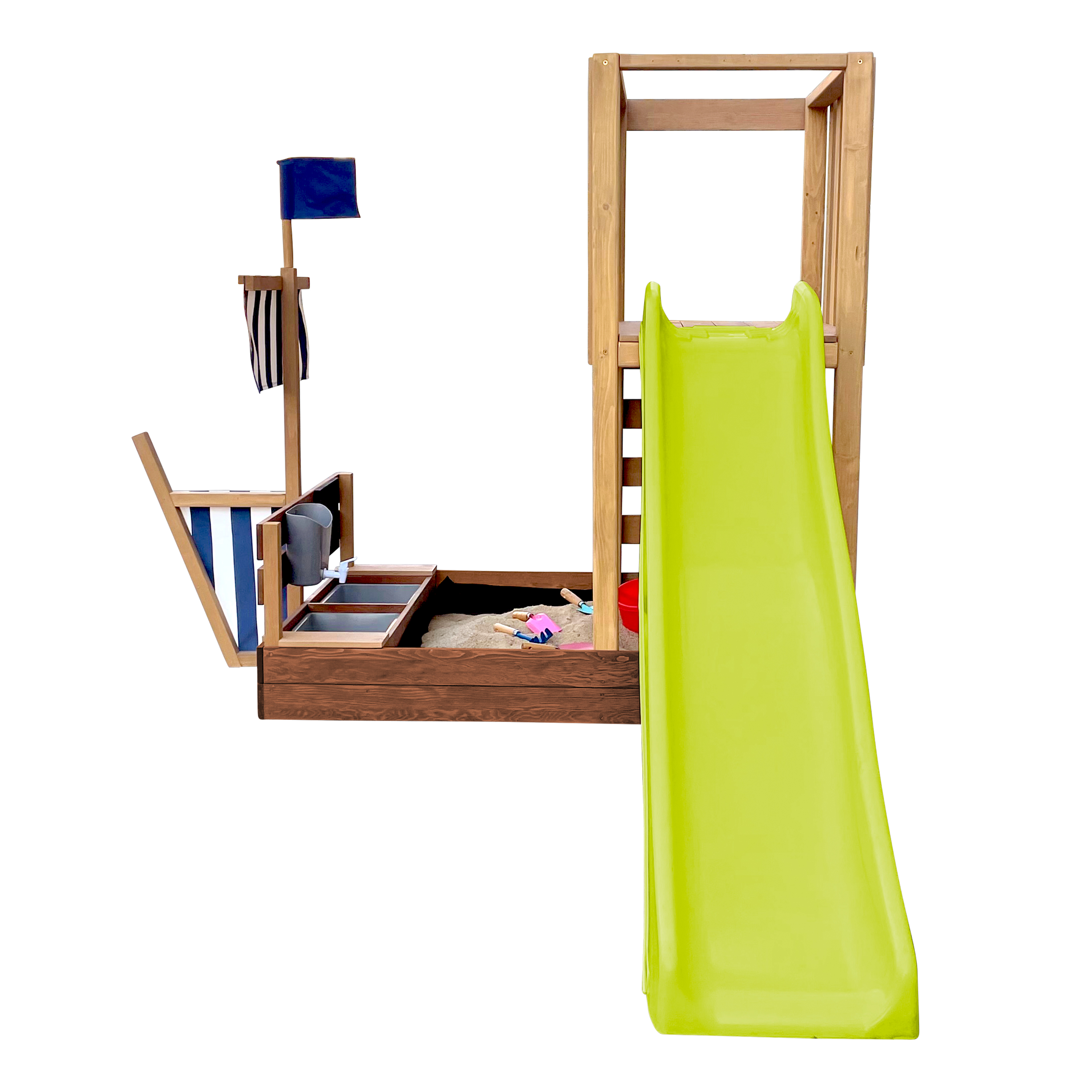 AXI Vicky Climbing Frame with Sandbox. Play Kitchen & Chalkboard – Lime Green Slide