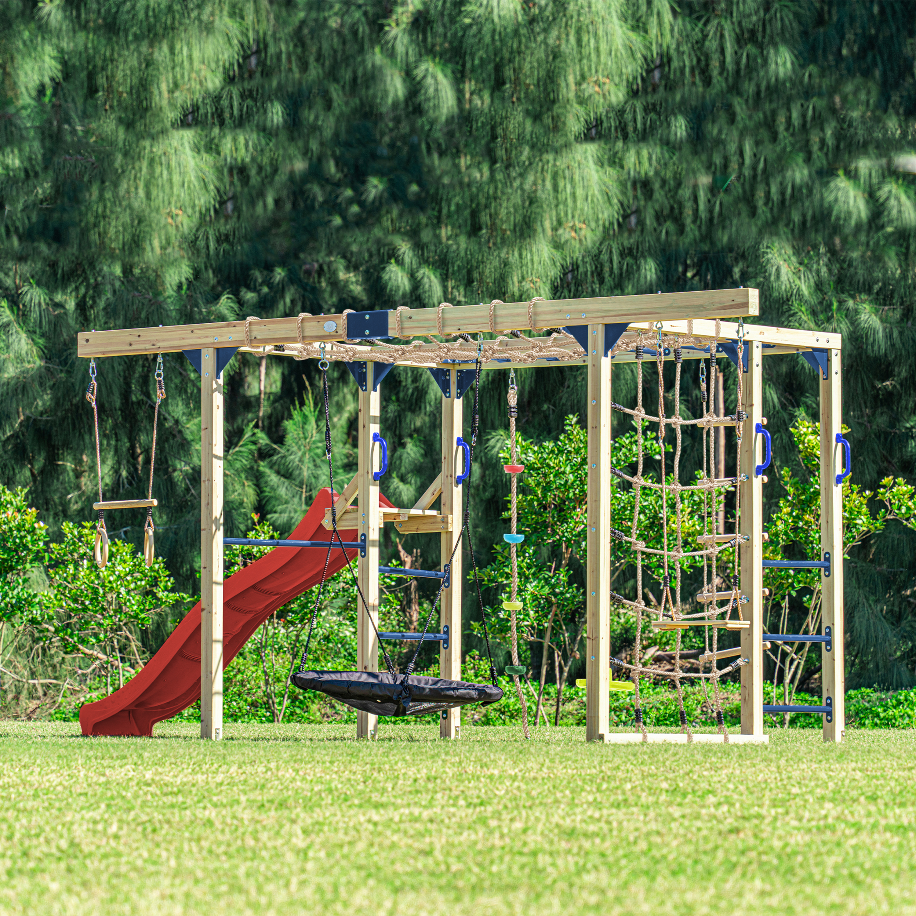 AXI Boris Wooden Playcentre with Swings. Trapeze. Climbing Nets and Monkey Bars – Red Slide