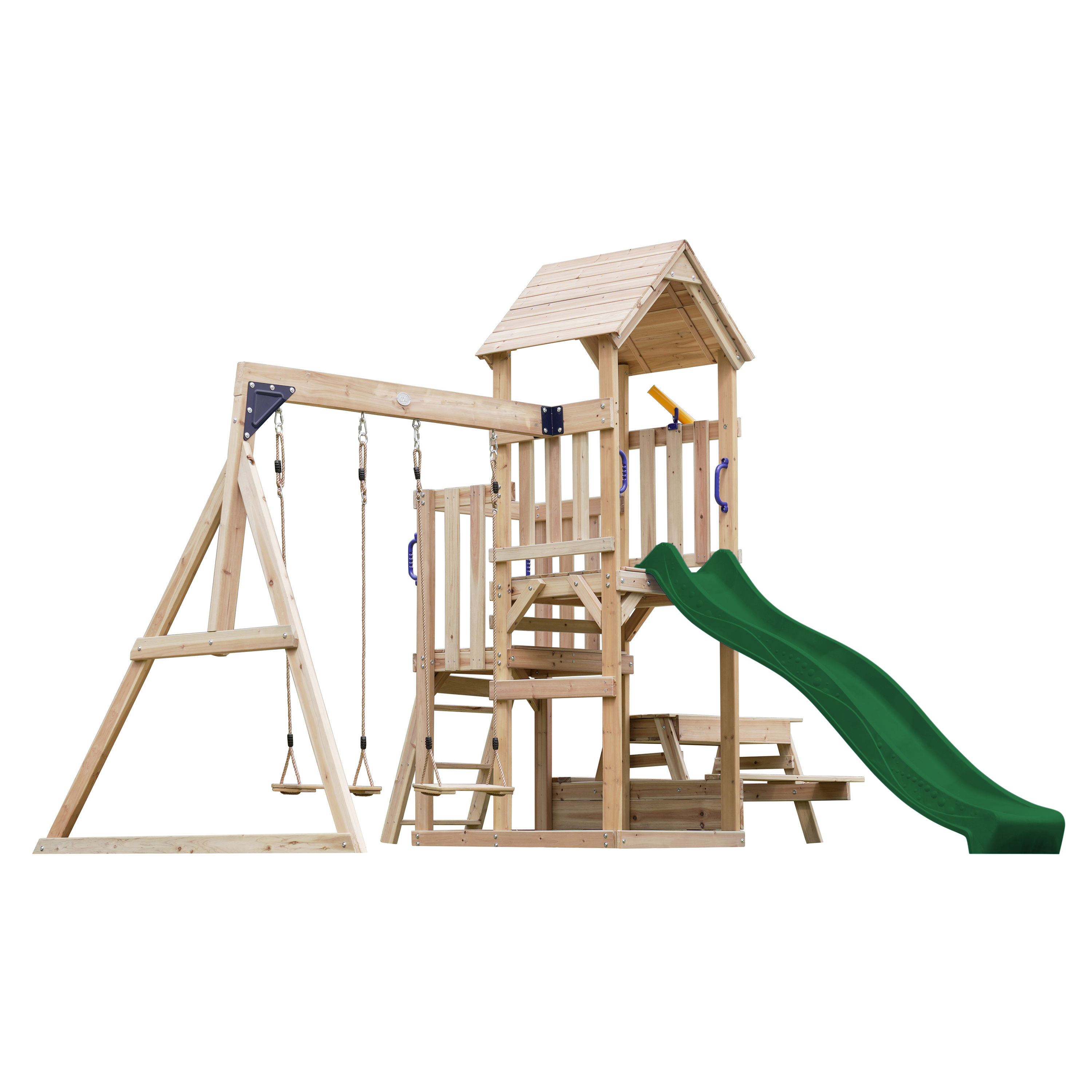 AXI Mette Climbing Frame with Double Swing Set and Picnic Table - Green Slide